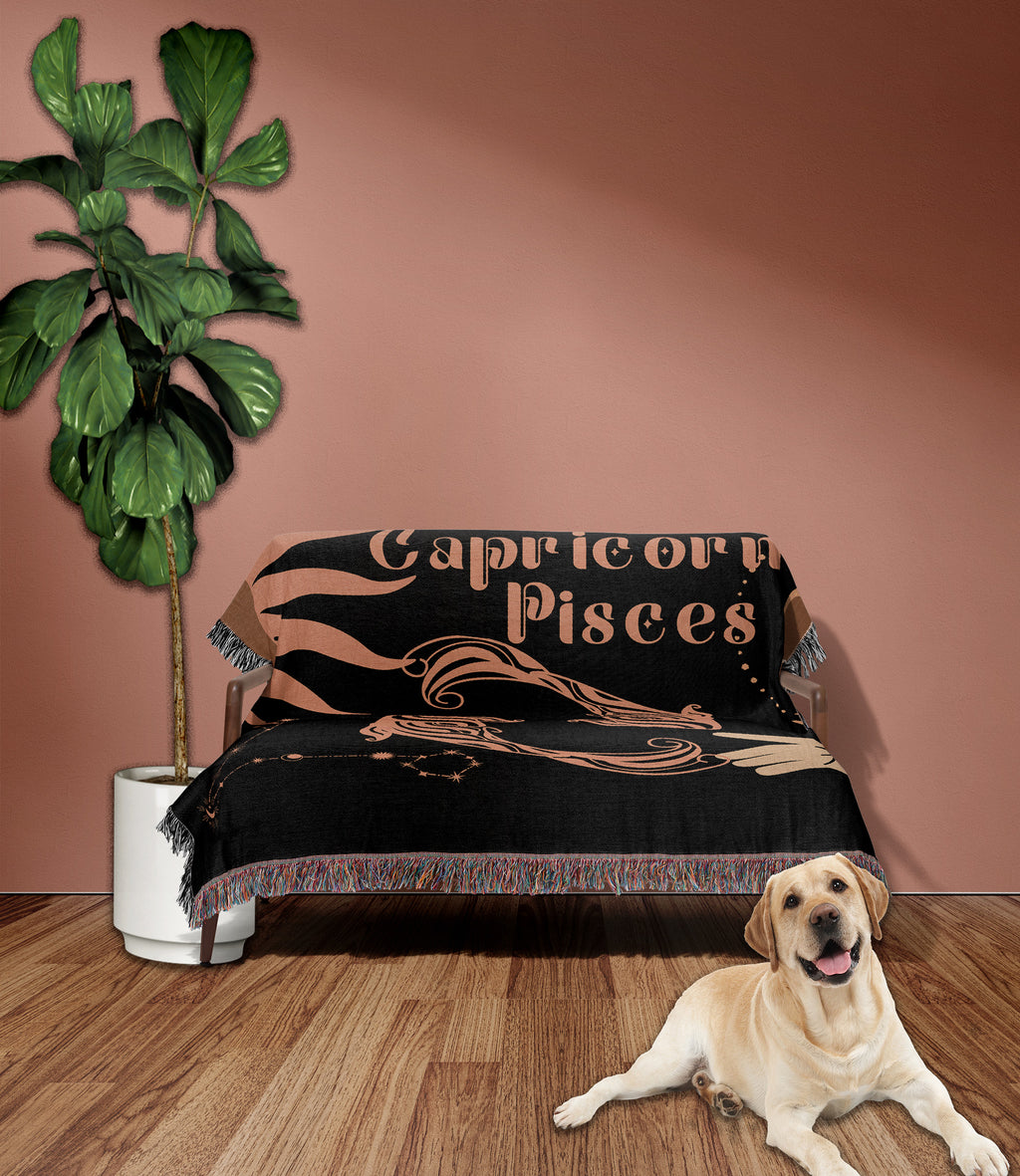 Capricorn and Pisces Zodiac Compatibility Woven Throw Tapestry - Elevate home decor with this boho-inspired, celestial charm blanket. Perfect for astrology enthusiasts, featuring Capricorn and Pisces sun signs, adding unique, artistic flair to your living space. Premium cotton, cozy, and decorative.