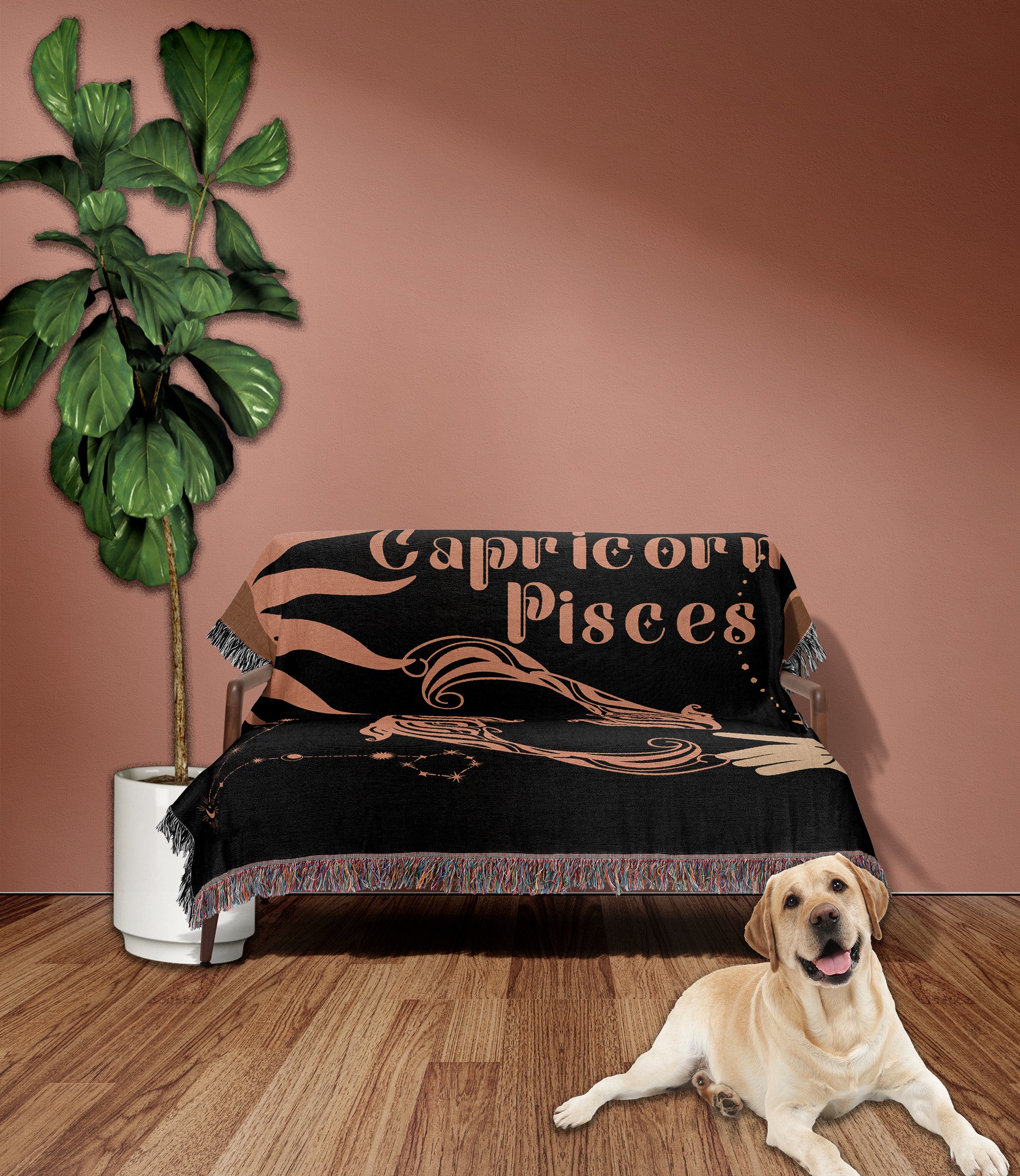 Capricorn and Pisces Zodiac Compatibility Woven Throw Tapestry - Elevate home decor with this boho-inspired, celestial charm blanket. Perfect for astrology enthusiasts, featuring Capricorn and Pisces sun signs, adding unique, artistic flair to your living space. Premium cotton, cozy, and decorative.