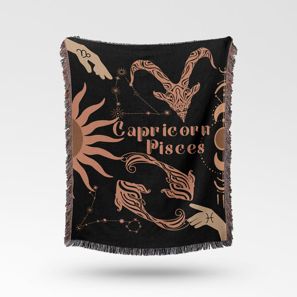 Capricorn and Pisces Zodiac Compatibility Woven Throw Tapestry - Elevate home decor with this boho-inspired, celestial charm blanket. Perfect for astrology enthusiasts, featuring Capricorn and Pisces sun signs, adding unique, artistic flair to your living space. Premium cotton, cozy, and decorative.