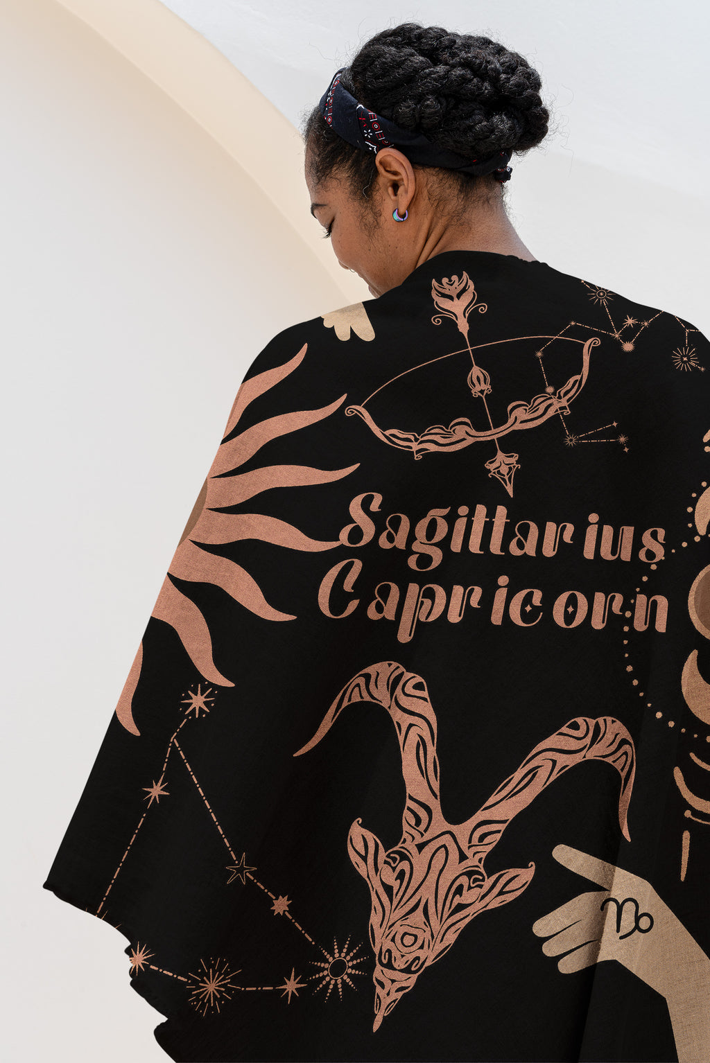 Capricorn and Sagittarius Zodiac Compatibility Woven Throw Tapestry - Elevate home decor with this boho-inspired, celestial charm blanket. Perfect for astrology enthusiasts, featuring Capricorn and Sagittarius sun signs, adding unique, artistic flair to your living space. Premium cotton, cozy, and decorative.