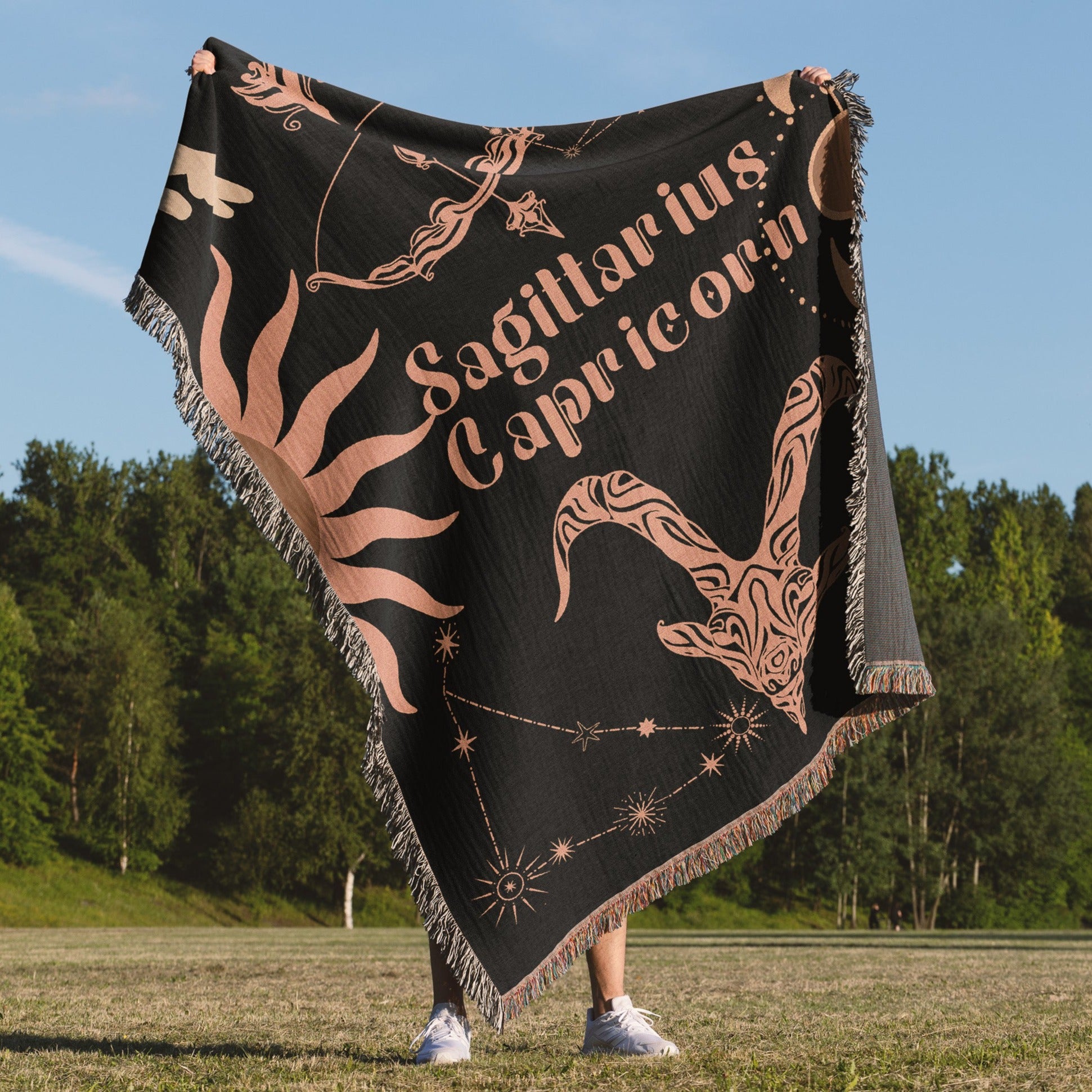 Capricorn and Sagittarius Zodiac Compatibility Woven Throw Tapestry - Elevate home decor with this boho-inspired, celestial charm blanket. Perfect for astrology enthusiasts, featuring Capricorn and Sagittarius sun signs, adding unique, artistic flair to your living space. Premium cotton, cozy, and decorative.