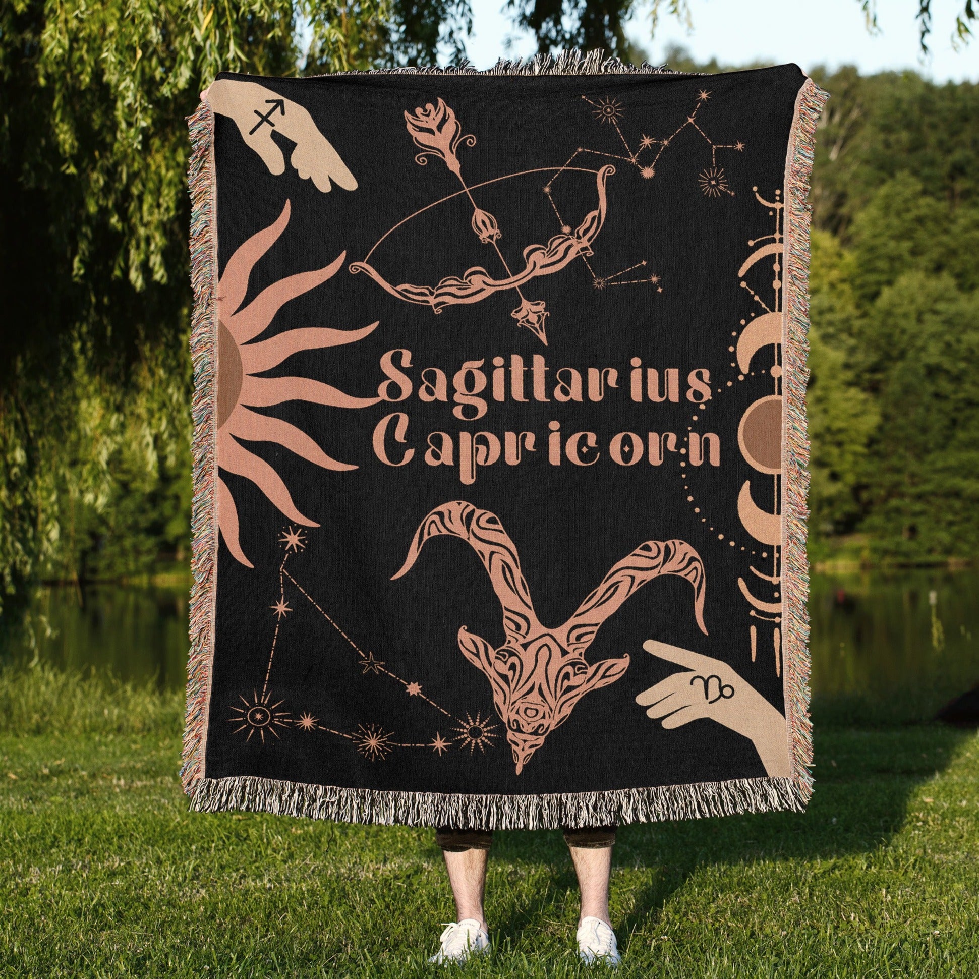 Capricorn and Sagittarius Zodiac Compatibility Woven Throw Tapestry - Elevate home decor with this boho-inspired, celestial charm blanket. Perfect for astrology enthusiasts, featuring Capricorn and Sagittarius sun signs, adding unique, artistic flair to your living space. Premium cotton, cozy, and decorative.