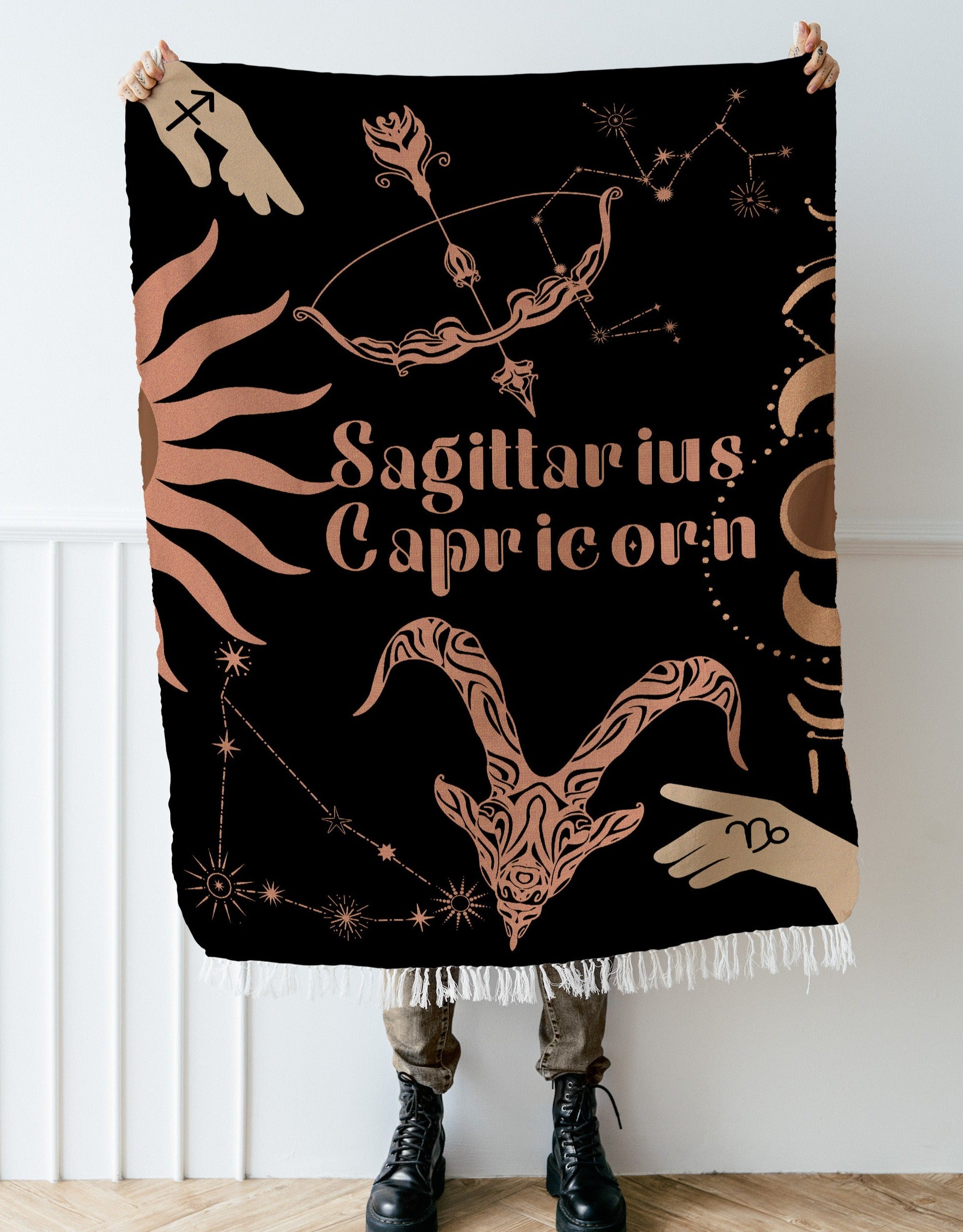 Capricorn and Sagittarius Zodiac Compatibility Woven Throw Tapestry - Elevate home decor with this boho-inspired, celestial charm blanket. Perfect for astrology enthusiasts, featuring Capricorn and Sagittarius sun signs, adding unique, artistic flair to your living space. Premium cotton, cozy, and decorative.