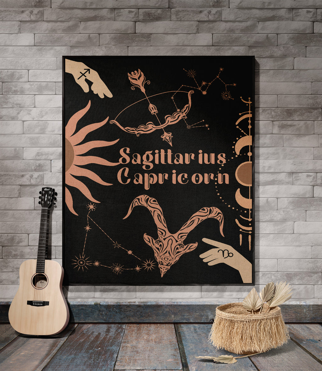 Capricorn and Sagittarius Zodiac Compatibility Woven Throw Tapestry - Elevate home decor with this boho-inspired, celestial charm blanket. Perfect for astrology enthusiasts, featuring Capricorn and Sagittarius sun signs, adding unique, artistic flair to your living space. Premium cotton, cozy, and decorative.