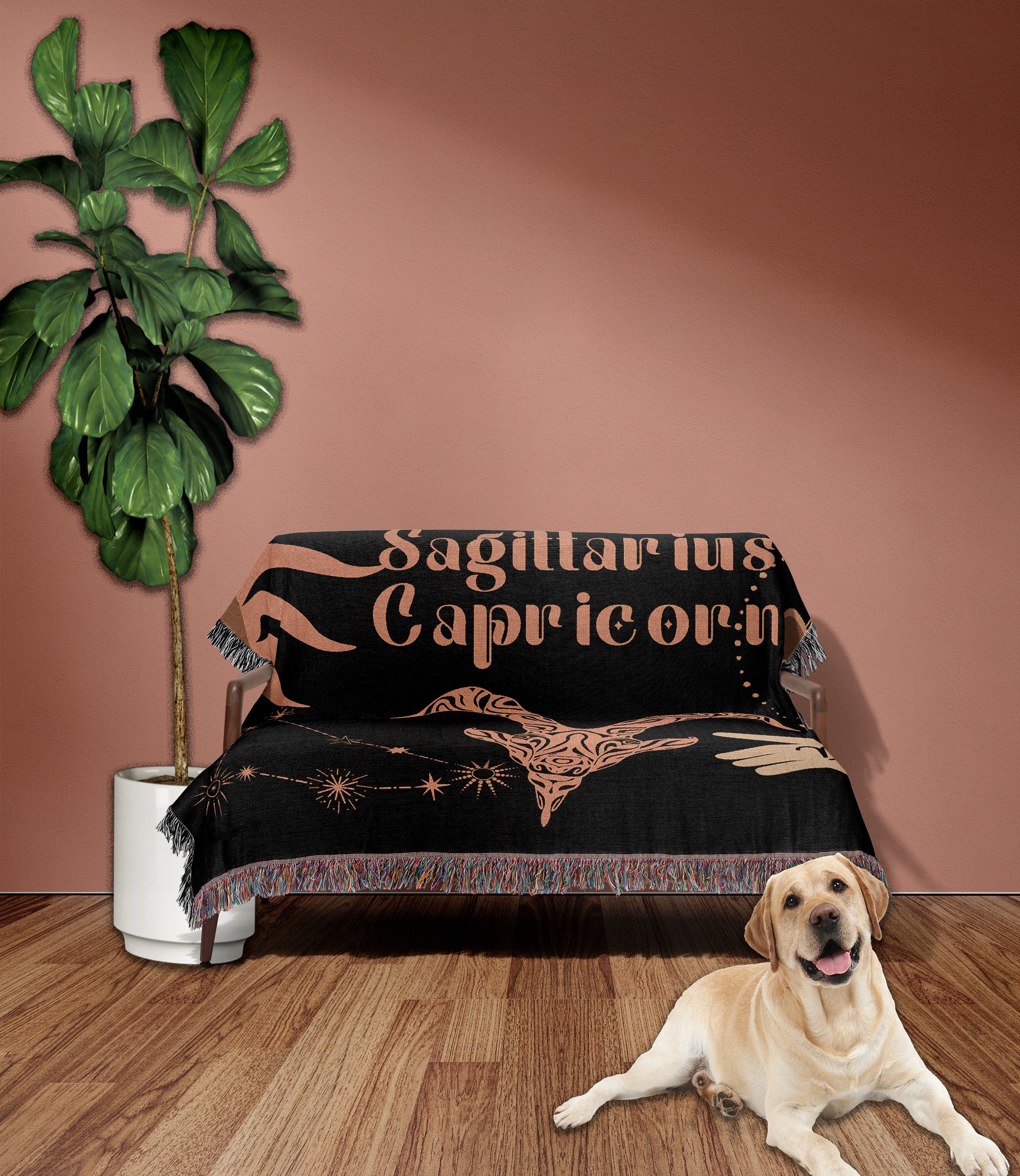 Capricorn and Sagittarius Zodiac Compatibility Woven Throw Tapestry - Elevate home decor with this boho-inspired, celestial charm blanket. Perfect for astrology enthusiasts, featuring Capricorn and Sagittarius sun signs, adding unique, artistic flair to your living space. Premium cotton, cozy, and decorative.