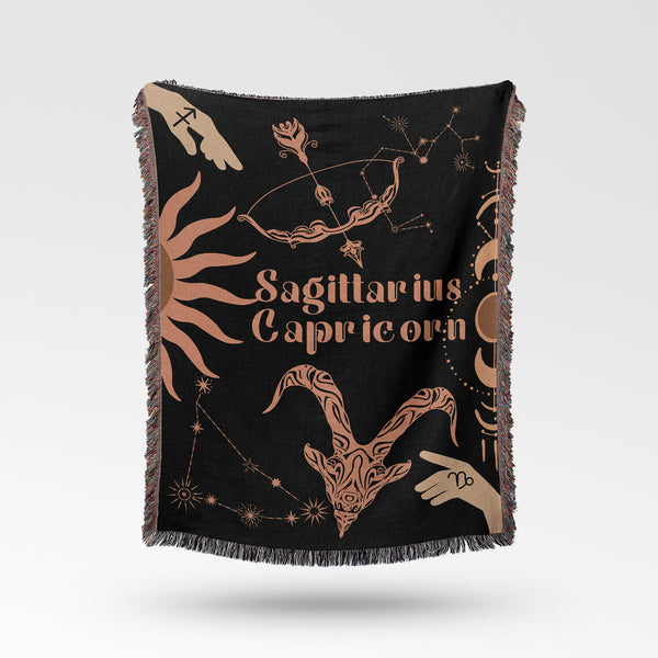Capricorn and Sagittarius Zodiac Compatibility Woven Throw Tapestry - Elevate home decor with this boho-inspired, celestial charm blanket. Perfect for astrology enthusiasts, featuring Capricorn and Sagittarius sun signs, adding unique, artistic flair to your living space. Premium cotton, cozy, and decorative.