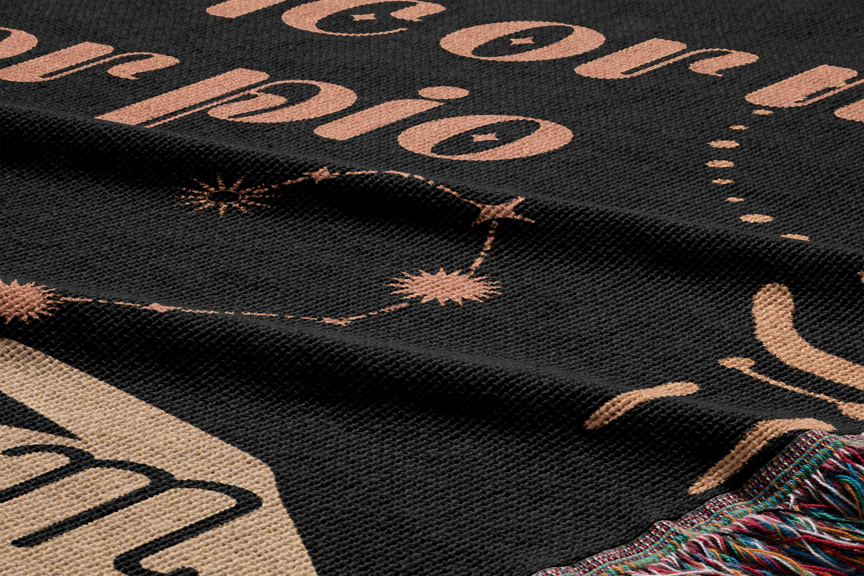 Capricorn and Scorpio Zodiac Compatibility Woven Throw Tapestry - Elevate home decor with this boho-inspired, celestial charm blanket. Perfect for astrology enthusiasts, featuring Capricorn and Scorpio sun signs, adding unique, artistic flair to your living space. Premium cotton, cozy, and decorative.