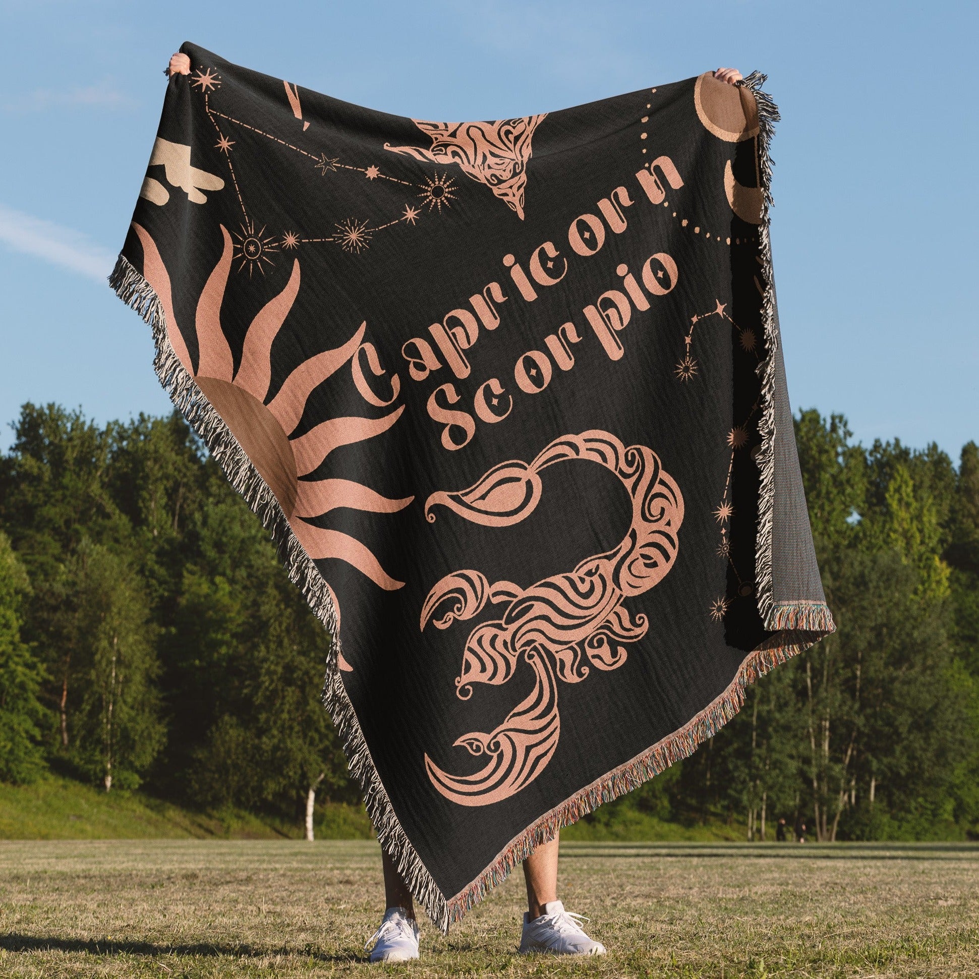 Capricorn and Scorpio Zodiac Compatibility Woven Throw Tapestry - Elevate home decor with this boho-inspired, celestial charm blanket. Perfect for astrology enthusiasts, featuring Capricorn and Scorpio sun signs, adding unique, artistic flair to your living space. Premium cotton, cozy, and decorative.