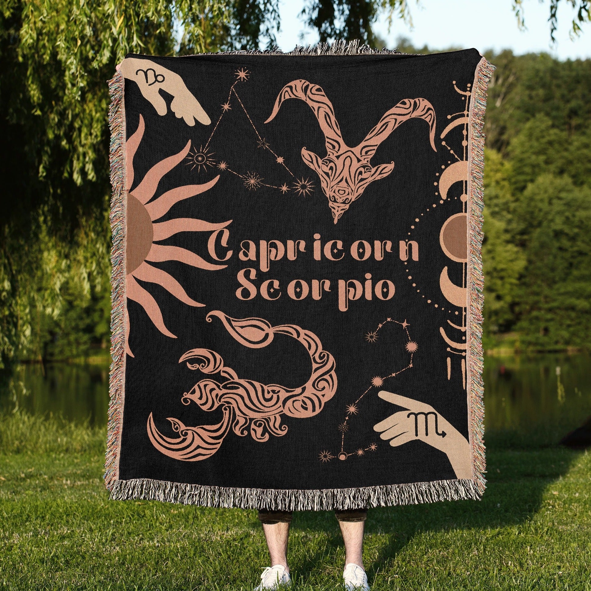 Capricorn and Scorpio Zodiac Compatibility Woven Throw Tapestry - Elevate home decor with this boho-inspired, celestial charm blanket. Perfect for astrology enthusiasts, featuring Capricorn and Scorpio sun signs, adding unique, artistic flair to your living space. Premium cotton, cozy, and decorative.