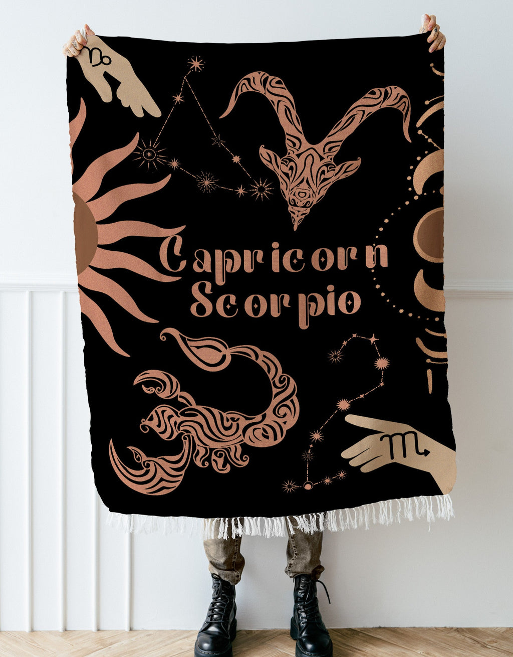 Capricorn and Scorpio Zodiac Compatibility Woven Throw Tapestry - Elevate home decor with this boho-inspired, celestial charm blanket. Perfect for astrology enthusiasts, featuring Capricorn and Scorpio sun signs, adding unique, artistic flair to your living space. Premium cotton, cozy, and decorative.