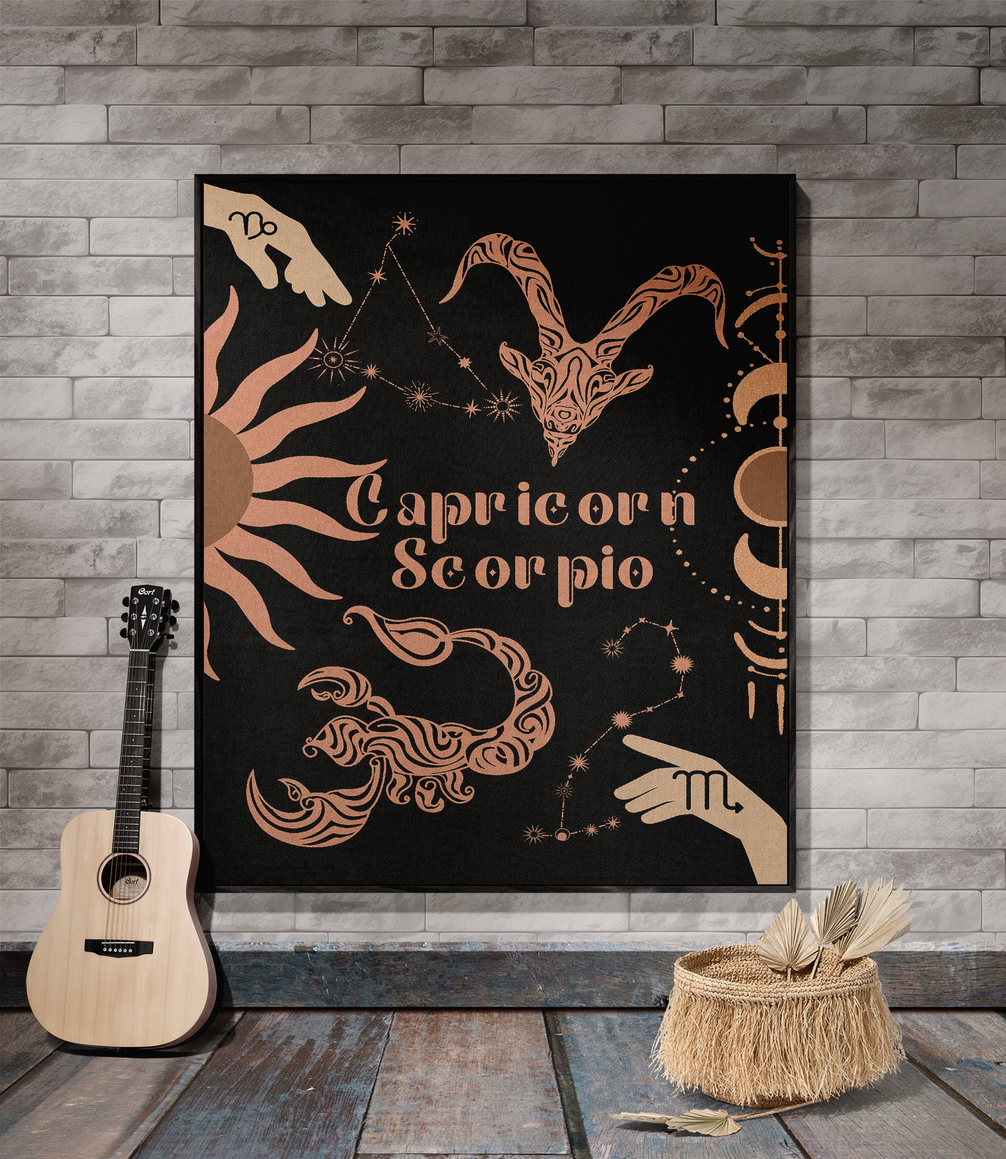 Capricorn and Scorpio Zodiac Compatibility Woven Throw Tapestry - Elevate home decor with this boho-inspired, celestial charm blanket. Perfect for astrology enthusiasts, featuring Capricorn and Scorpio sun signs, adding unique, artistic flair to your living space. Premium cotton, cozy, and decorative.