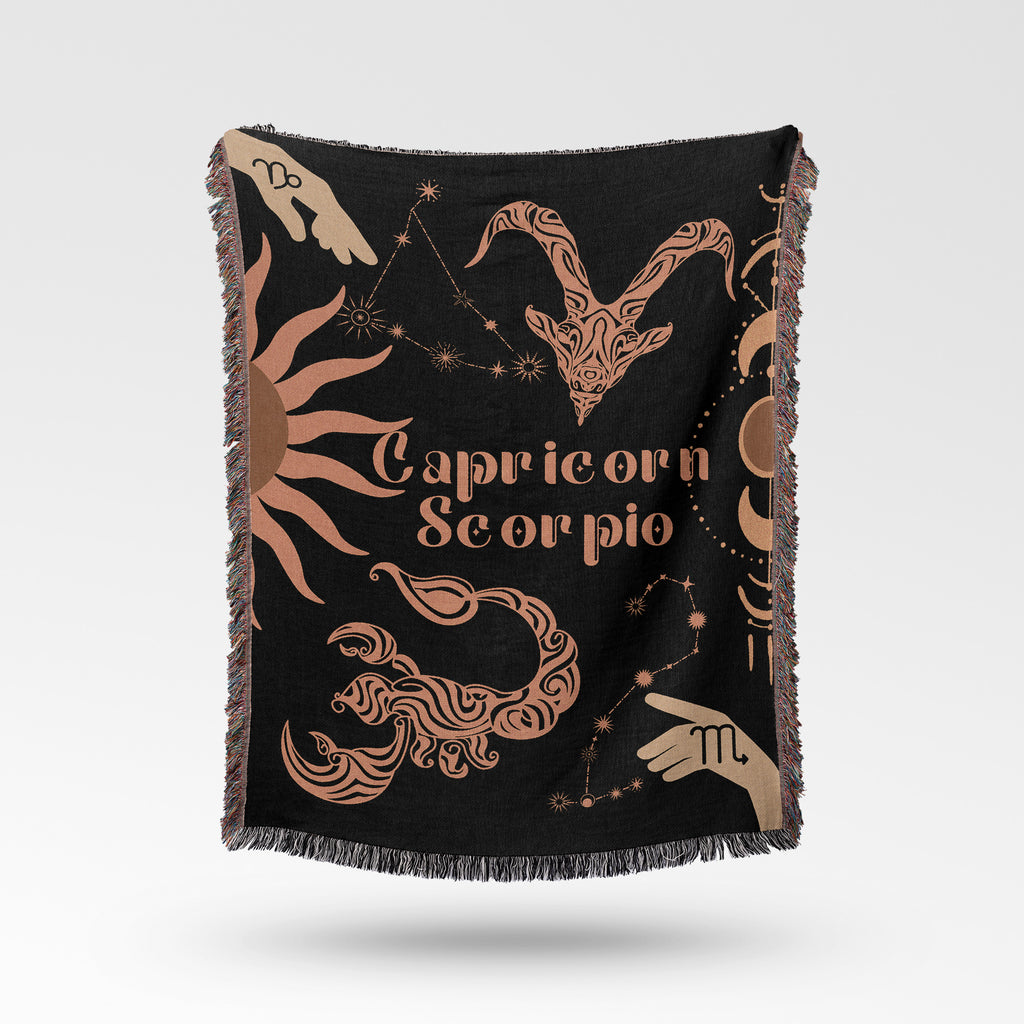 Capricorn and Scorpio Zodiac Compatibility Woven Throw Tapestry - Elevate home decor with this boho-inspired, celestial charm blanket. Perfect for astrology enthusiasts, featuring Capricorn and Scorpio sun signs, adding unique, artistic flair to your living space. Premium cotton, cozy, and decorative.