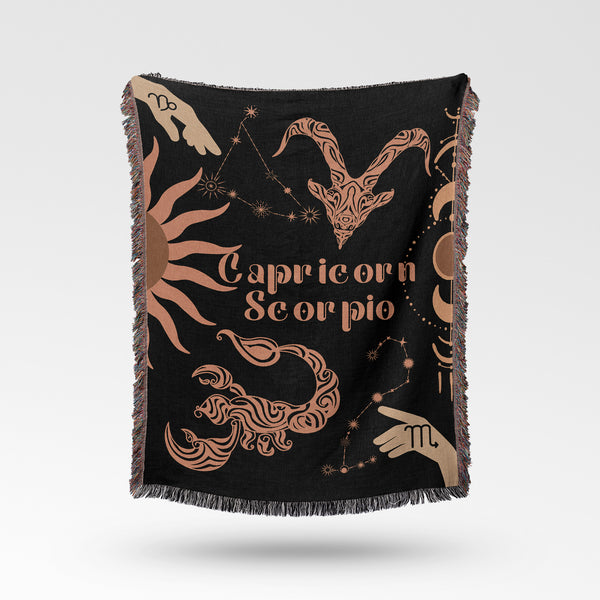 Capricorn and Scorpio Zodiac Compatibility Woven Throw Tapestry - Elevate home decor with this boho-inspired, celestial charm blanket. Perfect for astrology enthusiasts, featuring Capricorn and Scorpio sun signs, adding unique, artistic flair to your living space. Premium cotton, cozy, and decorative.