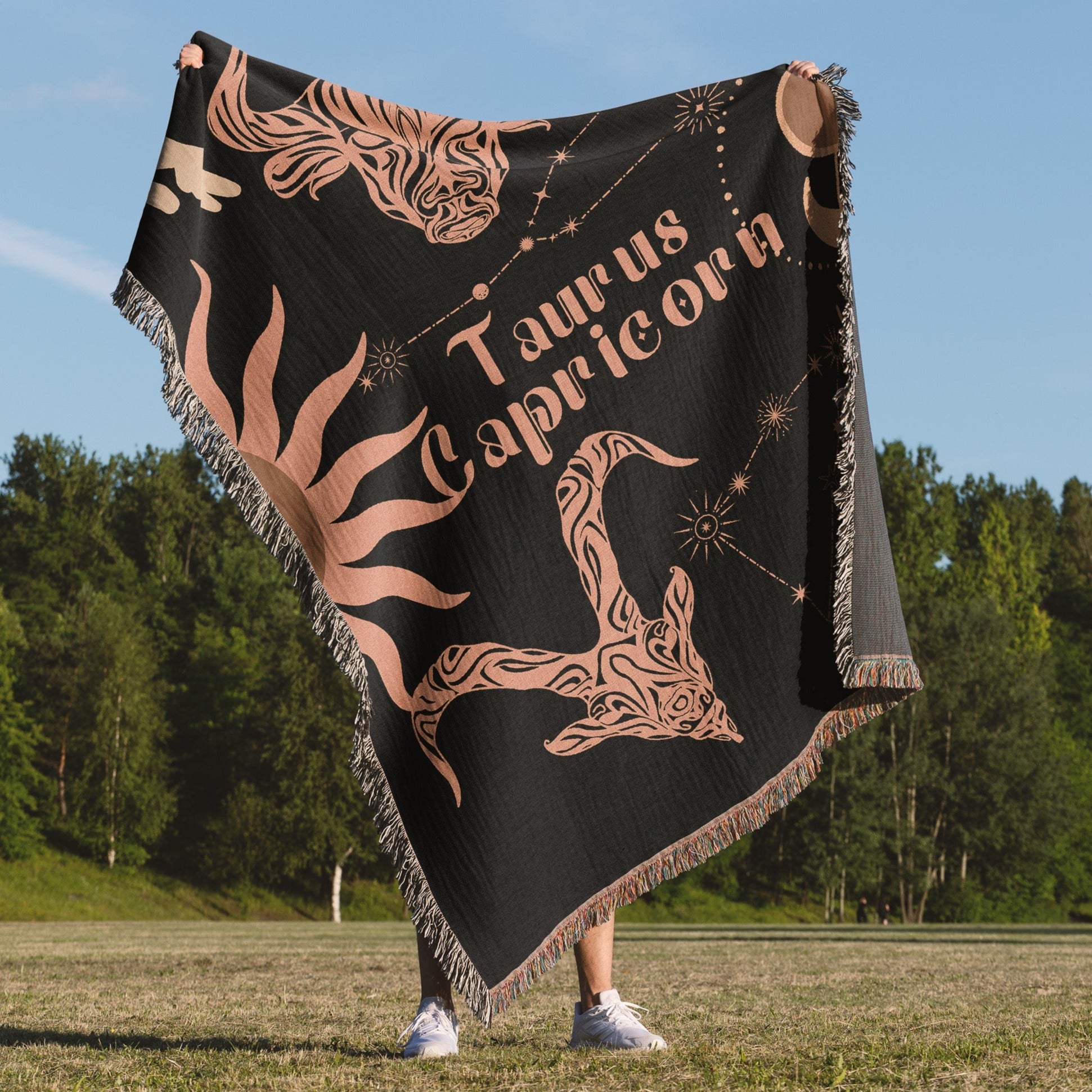 Capricorn and Taurus Zodiac Compatibility Woven Throw Tapestry - Elevate home decor with this boho-inspired, celestial charm blanket. Perfect for astrology enthusiasts, featuring Capricorn and Taurus sun signs, adding unique, artistic flair to your living space. Premium cotton, cozy, and decorative.