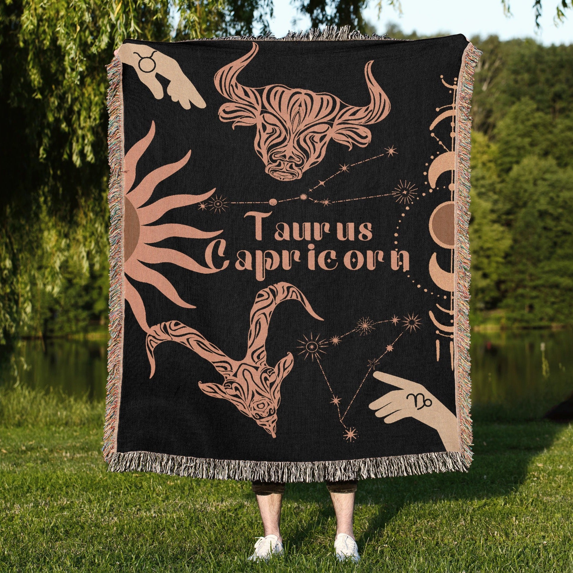 Capricorn and Taurus Zodiac Compatibility Woven Throw Tapestry - Elevate home decor with this boho-inspired, celestial charm blanket. Perfect for astrology enthusiasts, featuring Capricorn and Taurus sun signs, adding unique, artistic flair to your living space. Premium cotton, cozy, and decorative.