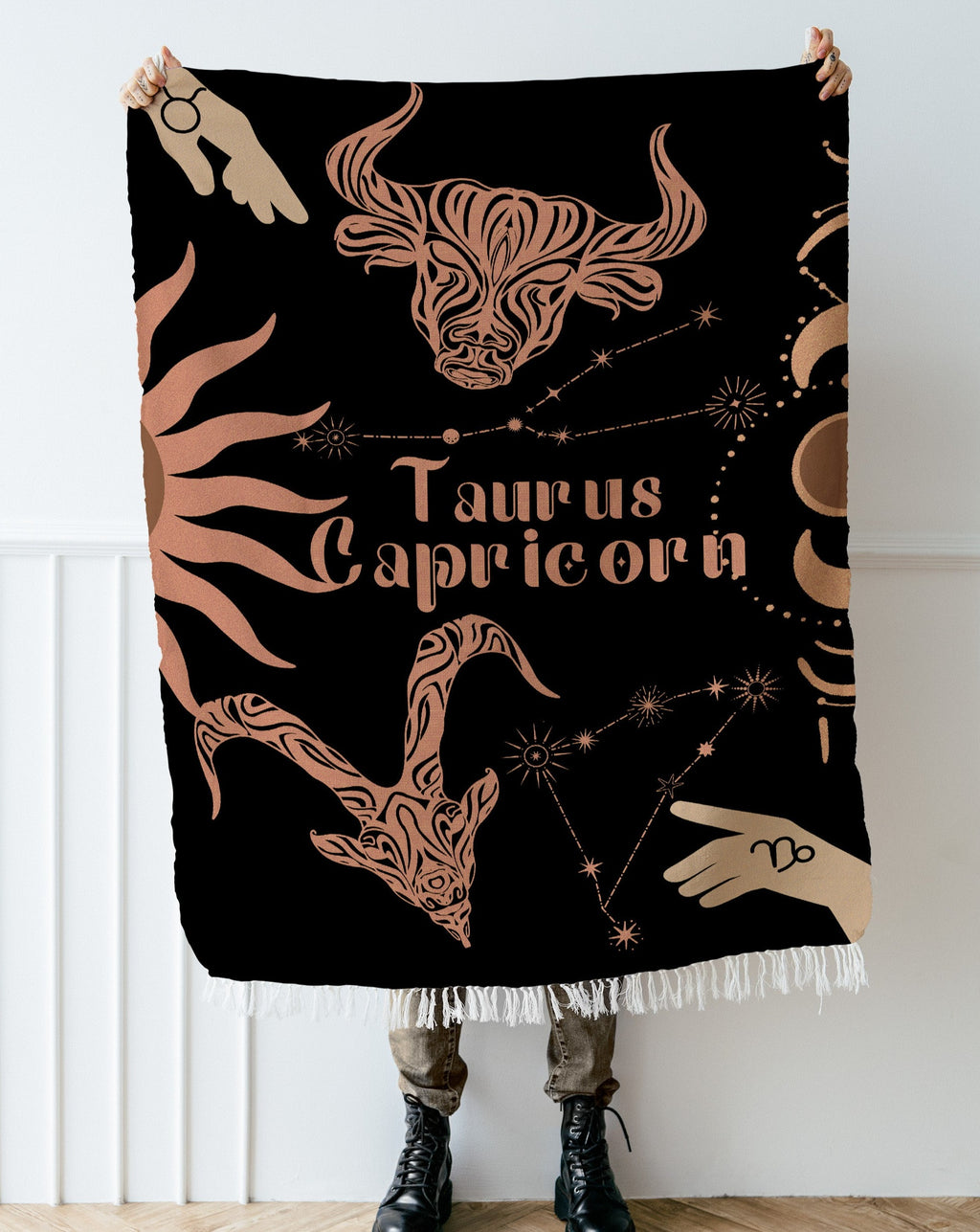 Capricorn and Taurus Zodiac Compatibility Woven Throw Tapestry - Elevate home decor with this boho-inspired, celestial charm blanket. Perfect for astrology enthusiasts, featuring Capricorn and Taurus sun signs, adding unique, artistic flair to your living space. Premium cotton, cozy, and decorative.