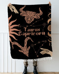 Capricorn and Taurus Zodiac Compatibility Woven Throw Tapestry - Elevate home decor with this boho-inspired, celestial charm blanket. Perfect for astrology enthusiasts, featuring Capricorn and Taurus sun signs, adding unique, artistic flair to your living space. Premium cotton, cozy, and decorative.