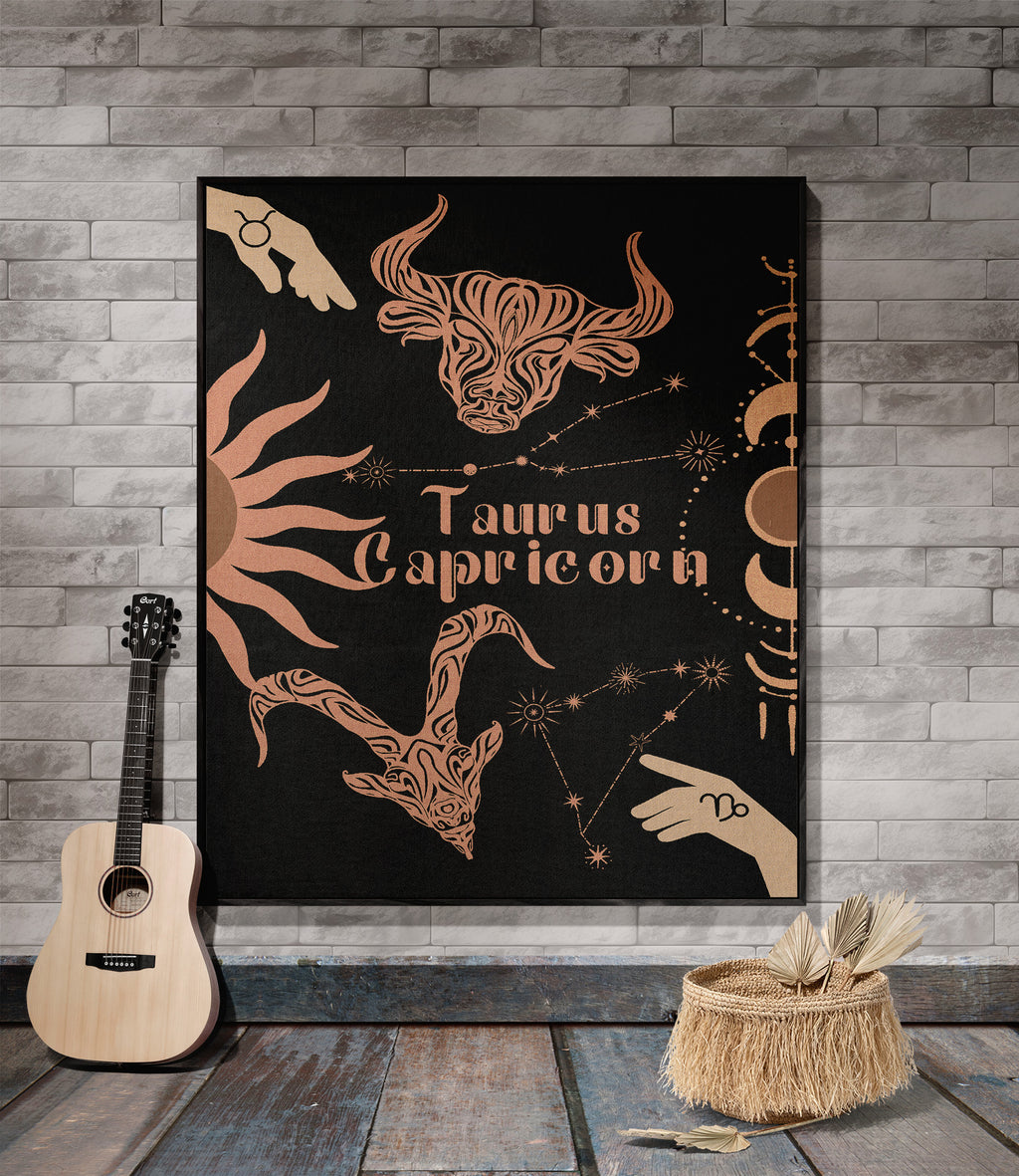 Capricorn and Taurus Zodiac Compatibility Woven Throw Tapestry - Elevate home decor with this boho-inspired, celestial charm blanket. Perfect for astrology enthusiasts, featuring Capricorn and Taurus sun signs, adding unique, artistic flair to your living space. Premium cotton, cozy, and decorative.