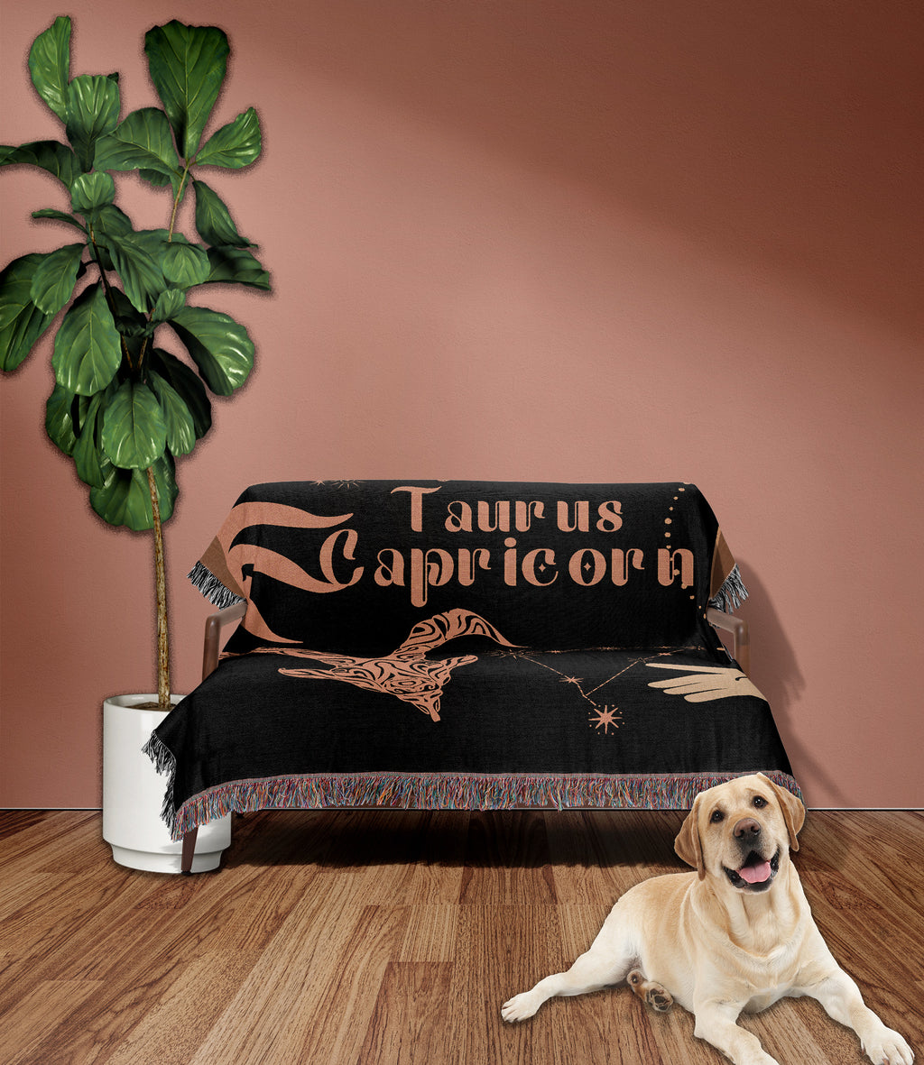 Capricorn and Taurus Zodiac Compatibility Woven Throw Tapestry - Elevate home decor with this boho-inspired, celestial charm blanket. Perfect for astrology enthusiasts, featuring Capricorn and Taurus sun signs, adding unique, artistic flair to your living space. Premium cotton, cozy, and decorative.