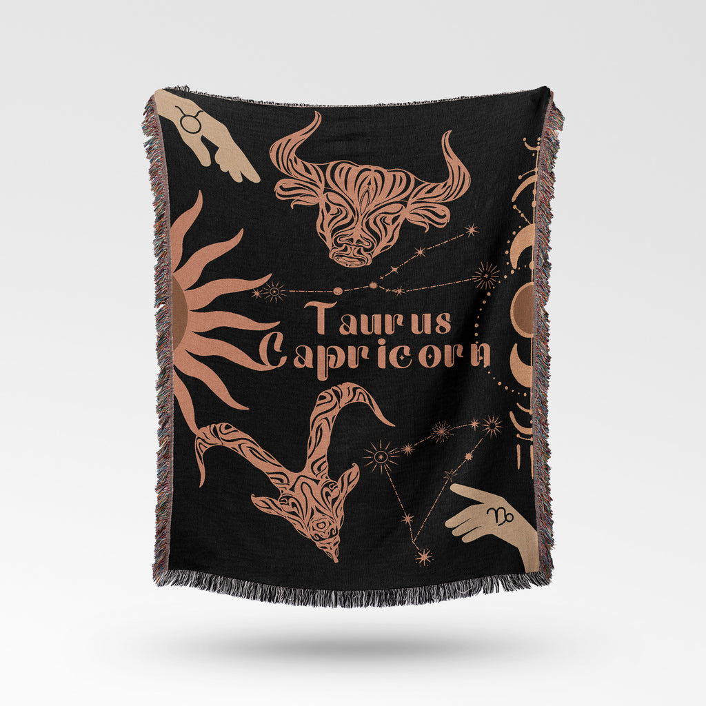 Capricorn and Taurus Zodiac Compatibility Woven Throw Tapestry - Elevate home decor with this boho-inspired, celestial charm blanket. Perfect for astrology enthusiasts, featuring Capricorn and Taurus sun signs, adding unique, artistic flair to your living space. Premium cotton, cozy, and decorative.