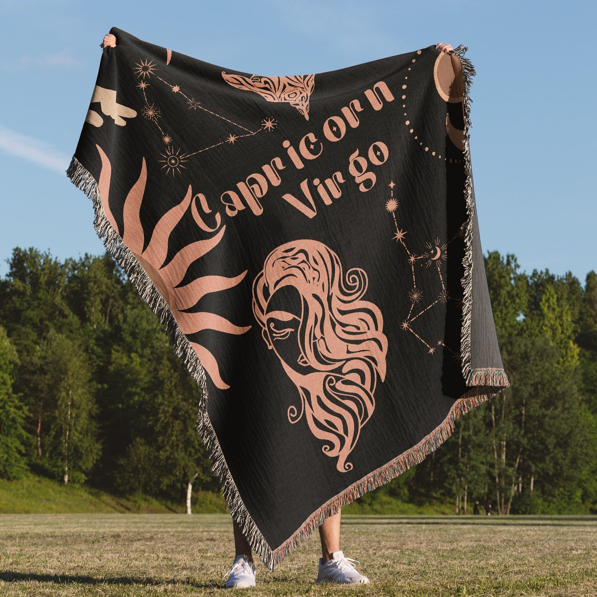 Capricorn and Virgo Zodiac Compatibility Woven Throw Tapestry - Elevate home decor with this boho-inspired, celestial charm blanket. Perfect for astrology enthusiasts, featuring Capricorn and Virgo sun signs, adding unique, artistic flair to your living space. Premium cotton, cozy, and decorative.