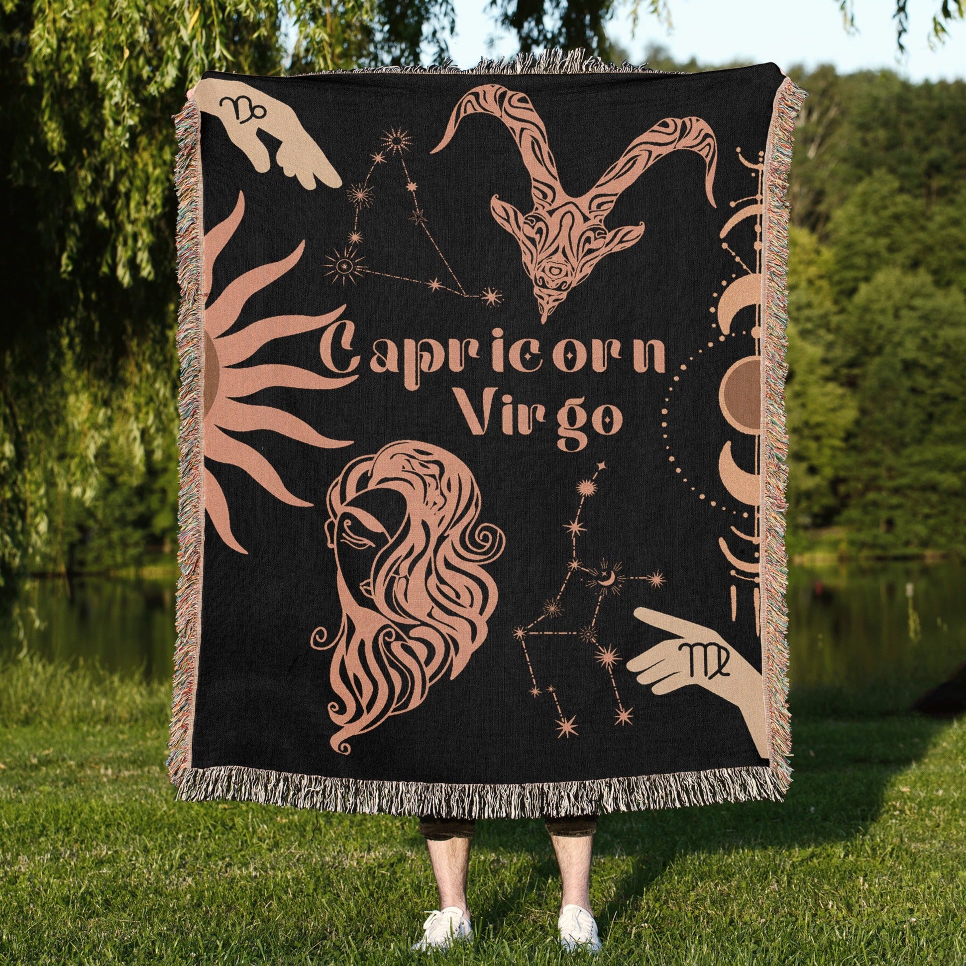 Capricorn and Virgo Zodiac Compatibility Woven Throw Tapestry - Elevate home decor with this boho-inspired, celestial charm blanket. Perfect for astrology enthusiasts, featuring Capricorn and Virgo sun signs, adding unique, artistic flair to your living space. Premium cotton, cozy, and decorative.