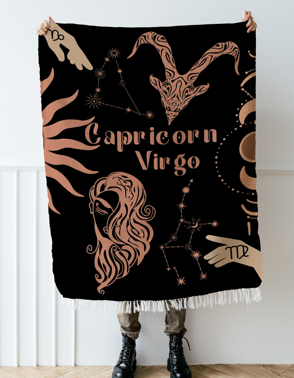 Capricorn and Virgo Zodiac Compatibility Woven Throw Tapestry - Elevate home decor with this boho-inspired, celestial charm blanket. Perfect for astrology enthusiasts, featuring Capricorn and Virgo sun signs, adding unique, artistic flair to your living space. Premium cotton, cozy, and decorative.