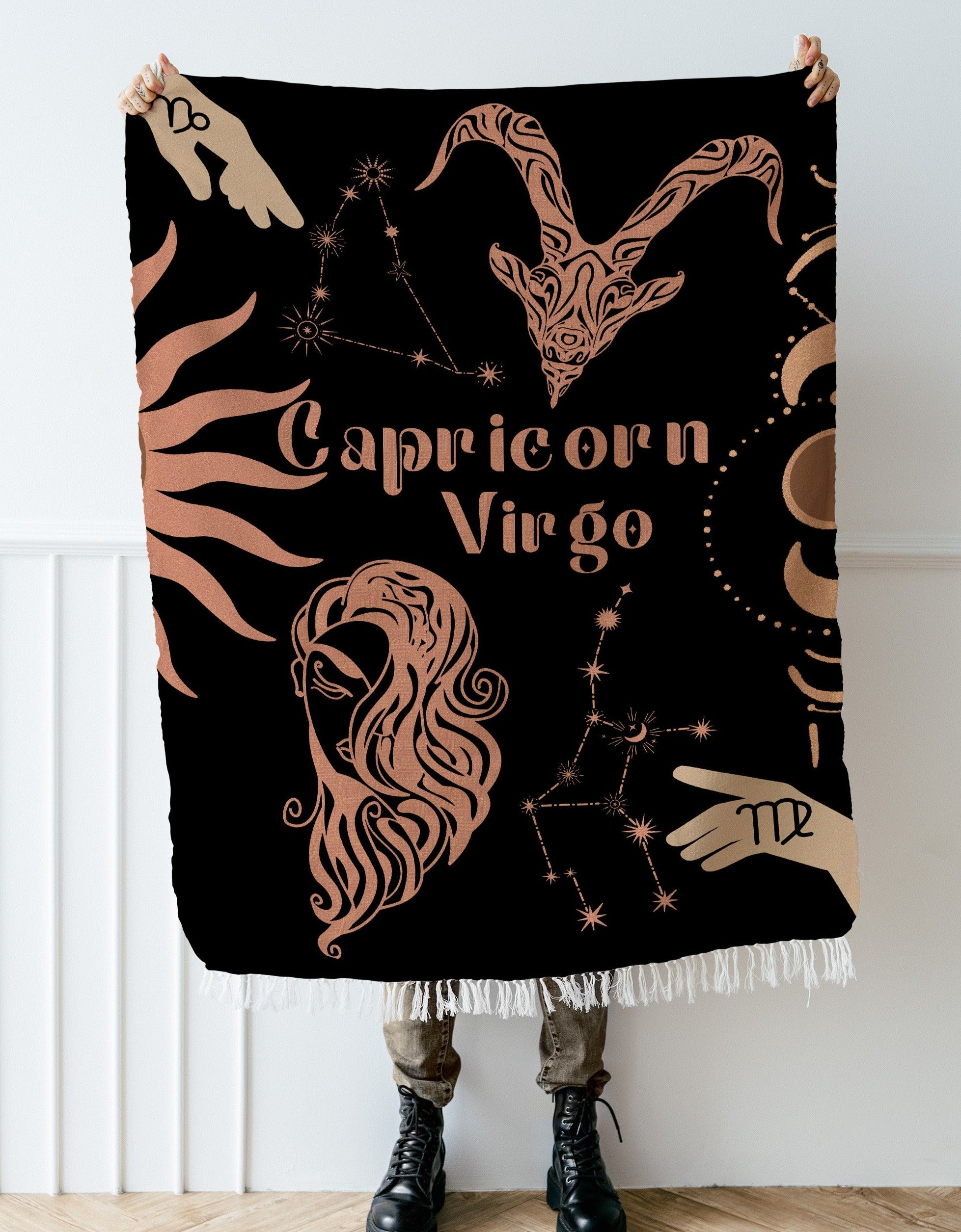 Capricorn and Virgo Zodiac Compatibility Woven Throw Tapestry - Elevate home decor with this boho-inspired, celestial charm blanket. Perfect for astrology enthusiasts, featuring Capricorn and Virgo sun signs, adding unique, artistic flair to your living space. Premium cotton, cozy, and decorative.