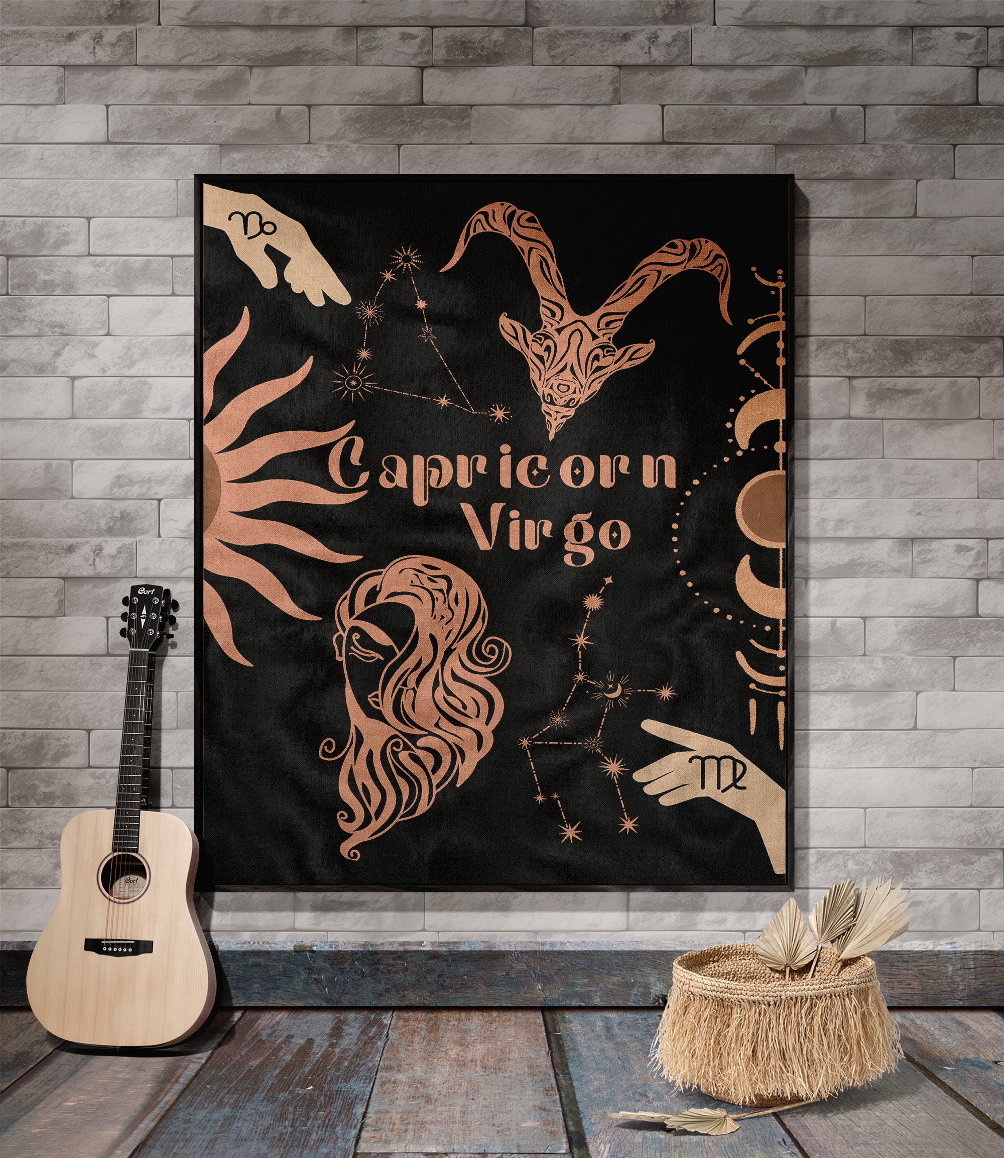 Capricorn and Virgo Zodiac Compatibility Woven Throw Tapestry - Elevate home decor with this boho-inspired, celestial charm blanket. Perfect for astrology enthusiasts, featuring Capricorn and Virgo sun signs, adding unique, artistic flair to your living space. Premium cotton, cozy, and decorative.