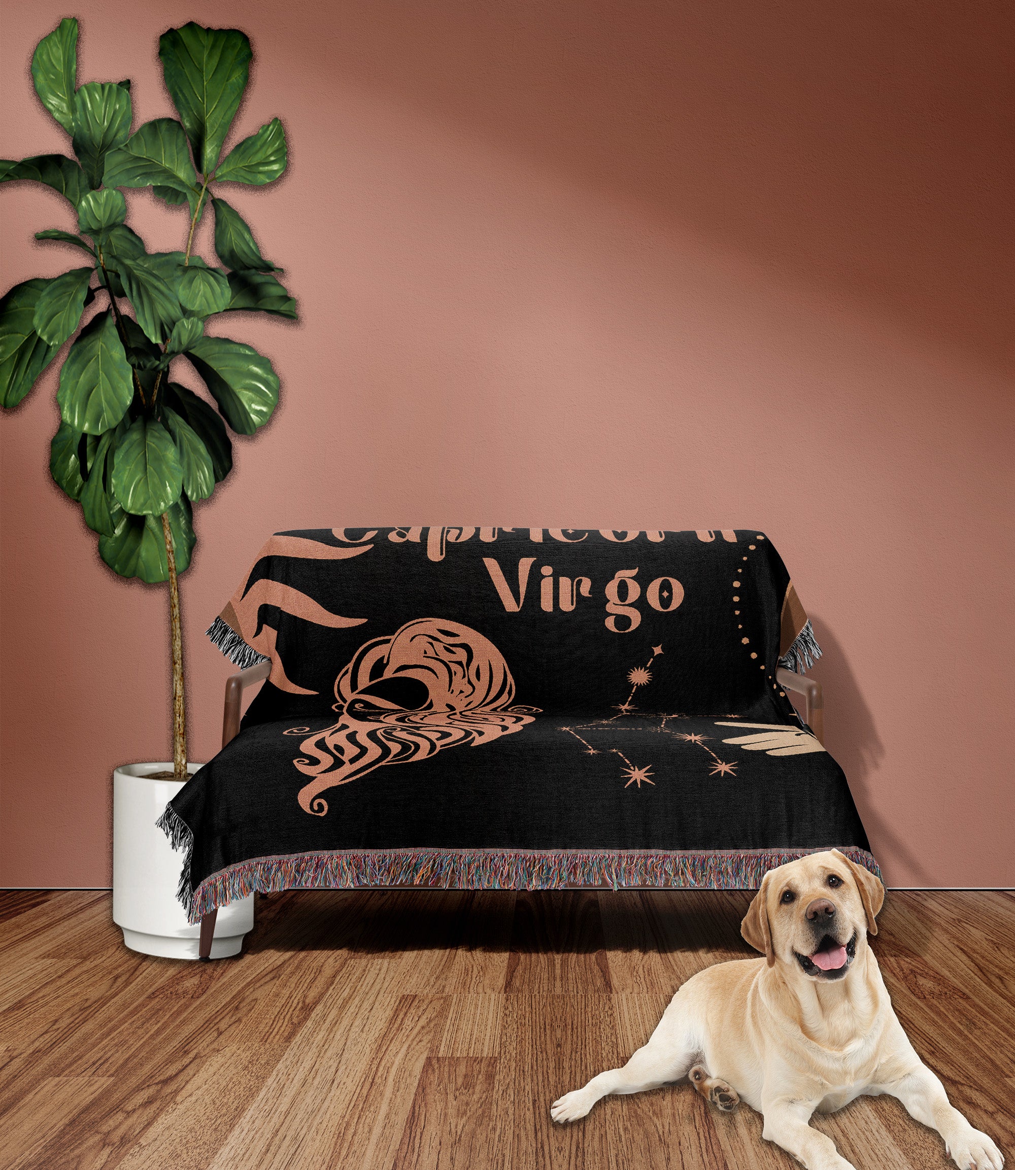 Capricorn and Virgo Zodiac Compatibility Woven Throw Tapestry - Elevate home decor with this boho-inspired, celestial charm blanket. Perfect for astrology enthusiasts, featuring Capricorn and Virgo sun signs, adding unique, artistic flair to your living space. Premium cotton, cozy, and decorative.