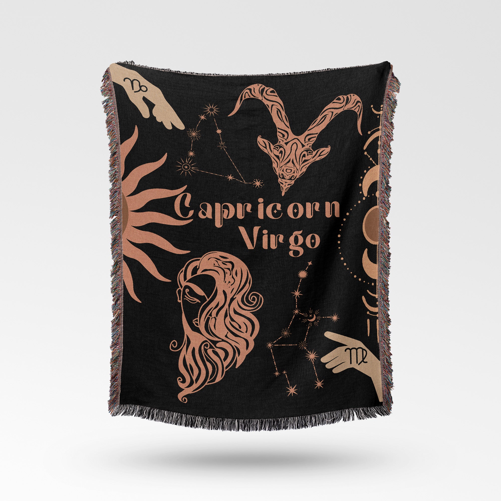 Capricorn and Virgo Zodiac Compatibility Woven Throw Tapestry - Elevate home decor with this boho-inspired, celestial charm blanket. Perfect for astrology enthusiasts, featuring Capricorn and Virgo sun signs, adding unique, artistic flair to your living space. Premium cotton, cozy, and decorative.