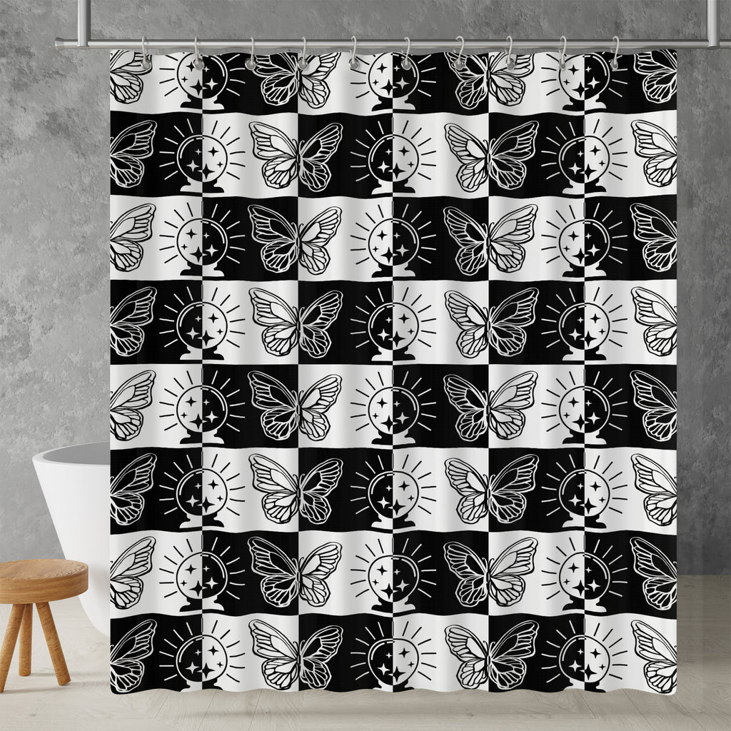 gothic checkered shower curtain in a bathroom setting