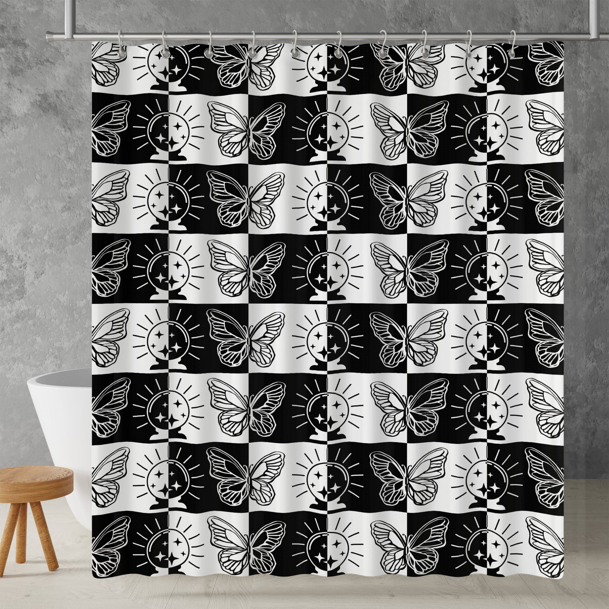 Checkered Shower Curtain: Goth Boho Geometric Black & White Minimalist Vintage Aesthetic, Machine Washable, Lightweight Polyester, Water & Mildew Resistant, Multiple Sizes with Hooks