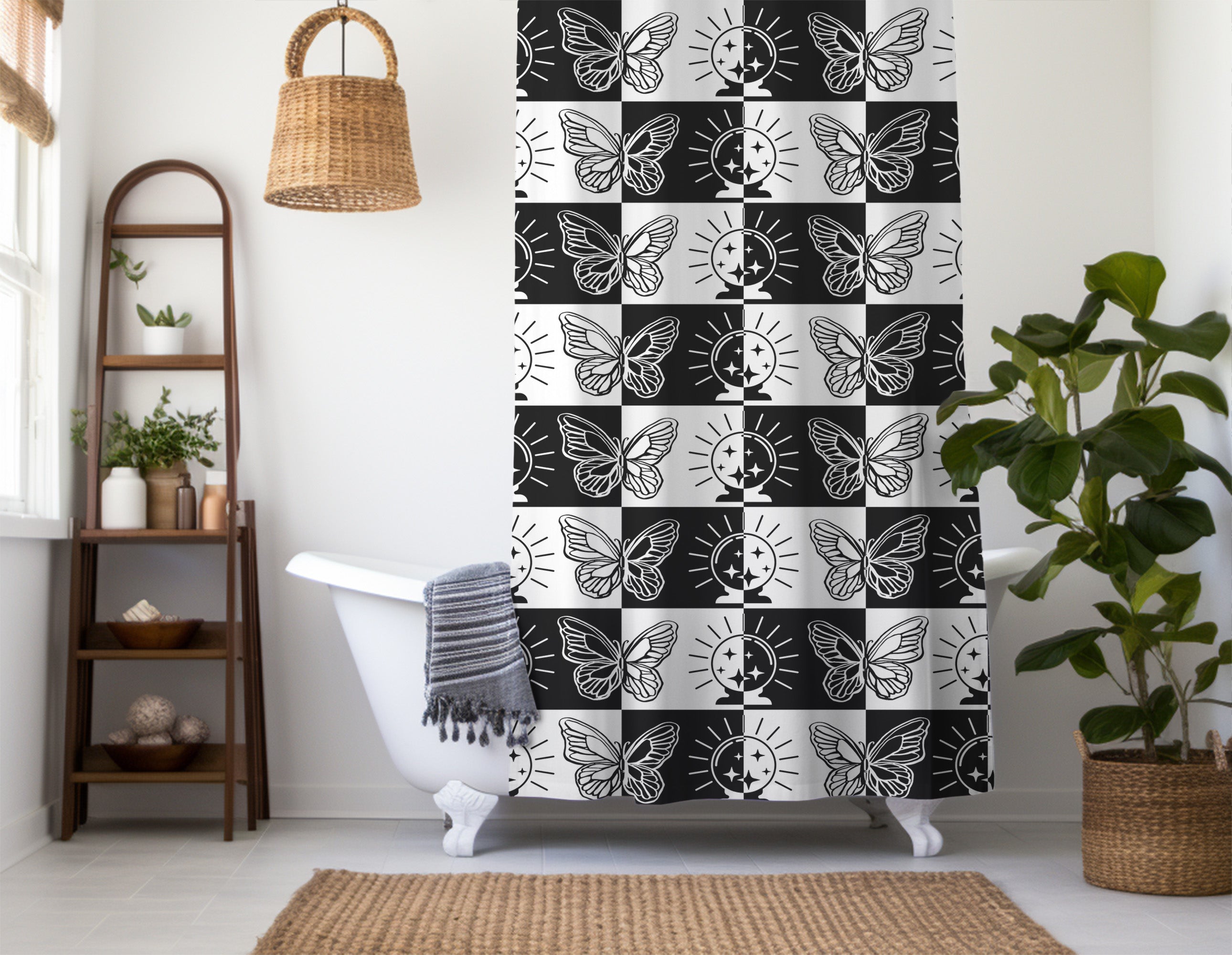Checkered Shower Curtain: Goth Boho Geometric Black & White Minimalist Vintage Aesthetic, Machine Washable, Lightweight Polyester, Water & Mildew Resistant, Multiple Sizes with Hooks
