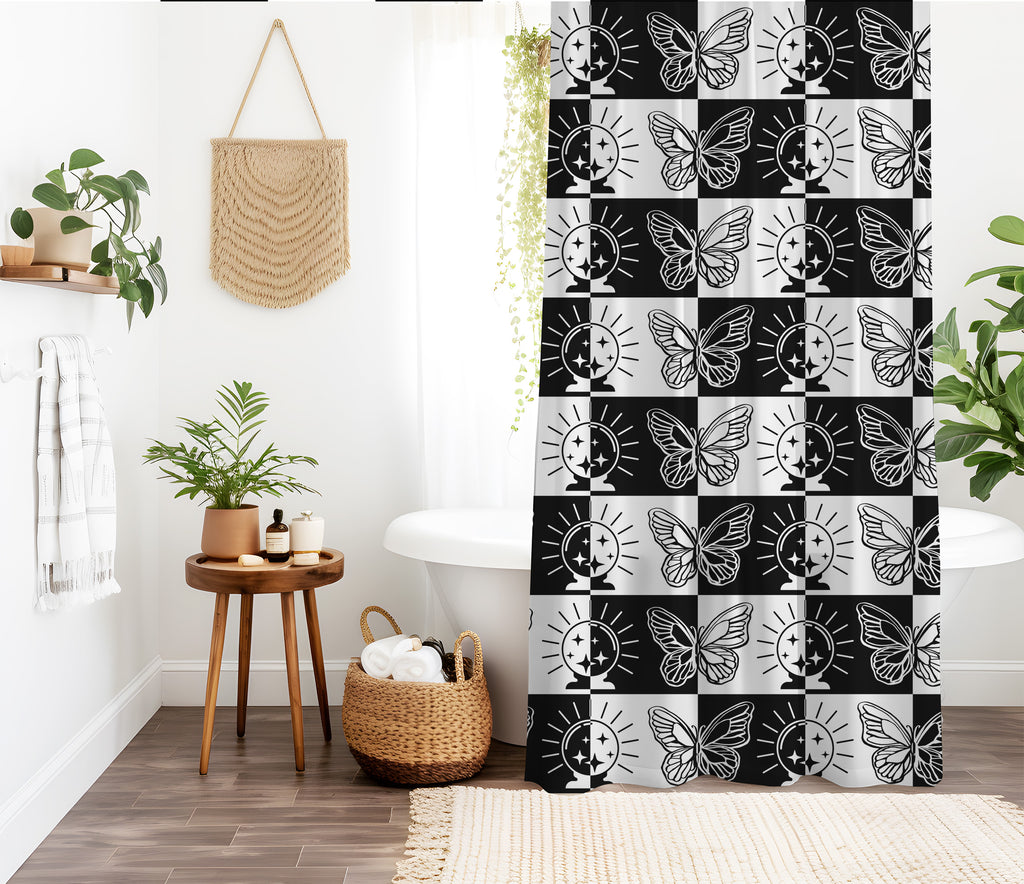 gothic checkered shower curtain styled bathroom display