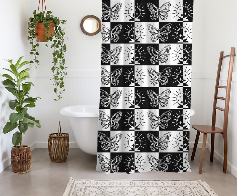 Checkered Shower Curtain: Goth Boho Geometric Black & White Minimalist Vintage Aesthetic, Machine Washable, Lightweight Polyester, Water & Mildew Resistant, Multiple Sizes with Hooks