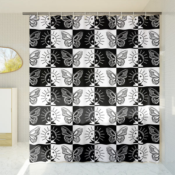 Boho Goth Shower Curtain - A black and white, geometric shower curtain with a gothic motif and boho-inspired design. Made from water-resistant, lightweight polyester fabric. Available in various sizes.