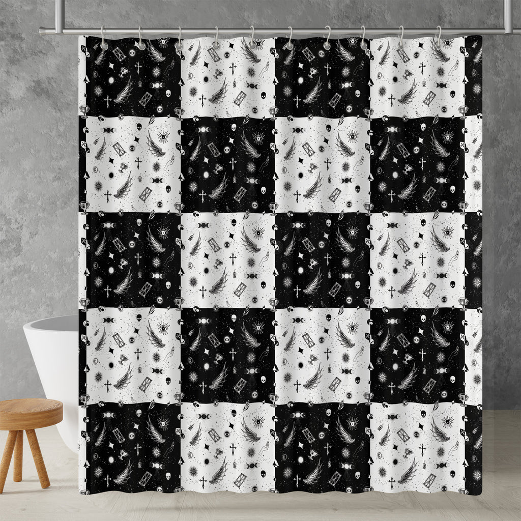 black and white checkered shower curtain close-up pattern