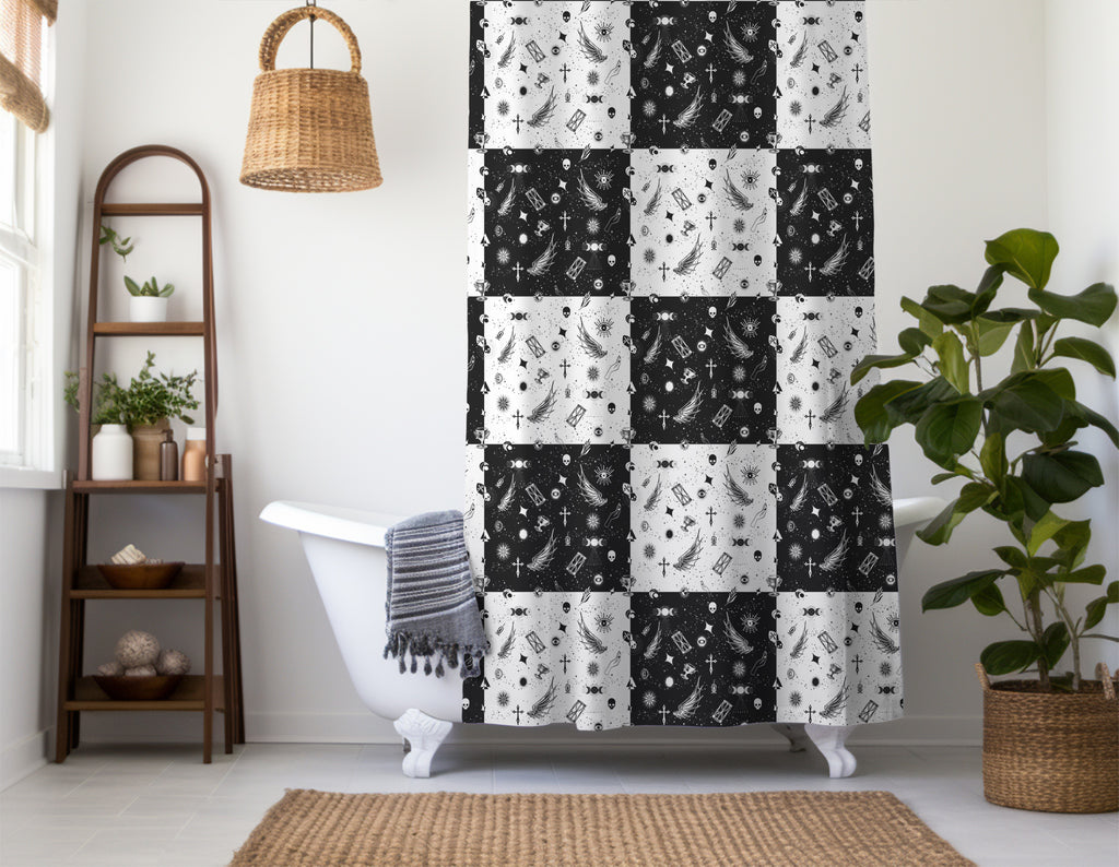black and white checkered shower curtain full pattern view