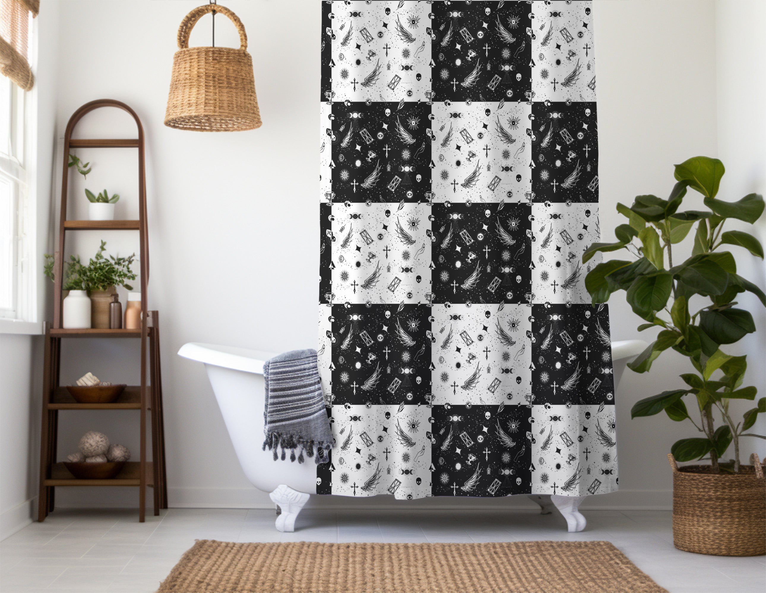 Checkered Shower Curtain: Boho Goth Geometric Black & White Minimalist Vintage Aesthetic, Machine Washable, Lightweight Polyester, Water & Mildew Resistant, Multiple Sizes with Hooks
