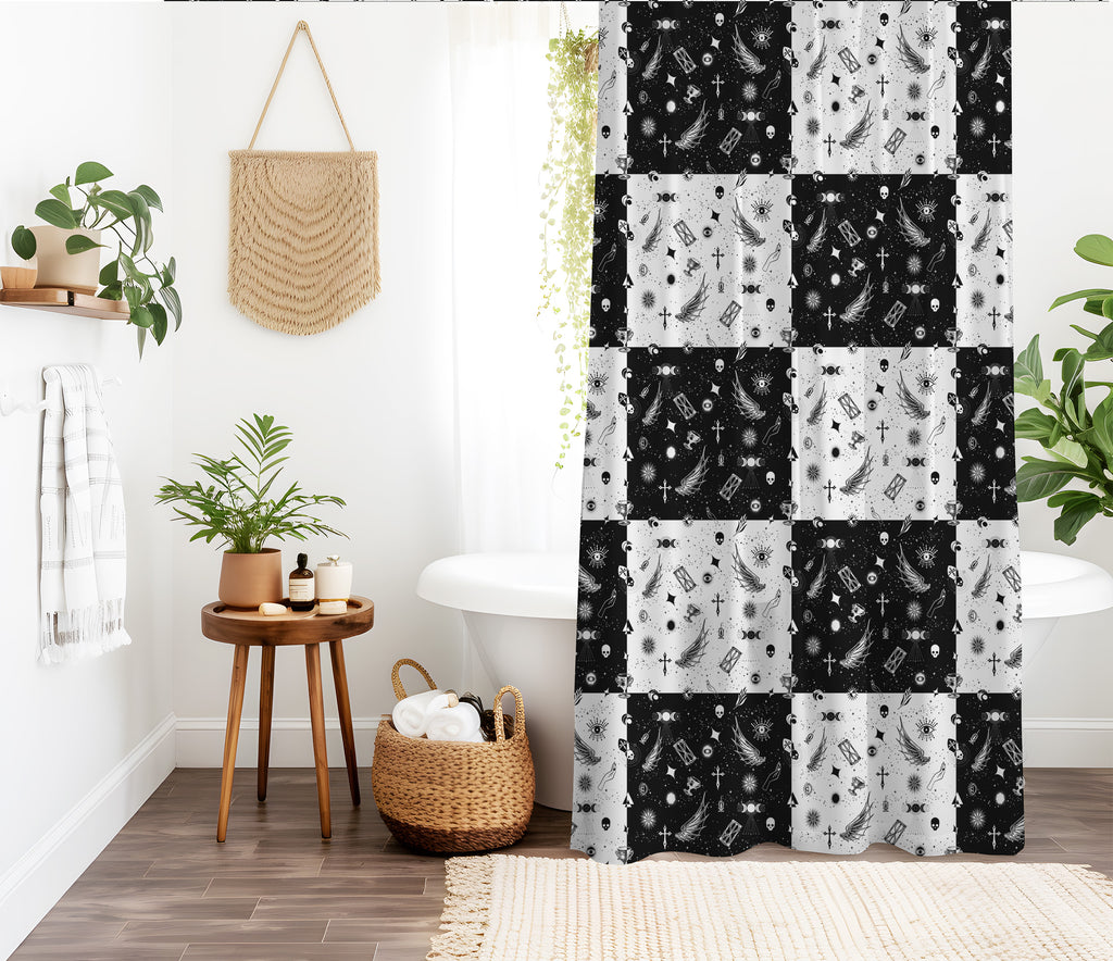 black and white checkered shower curtain styled bathroom display