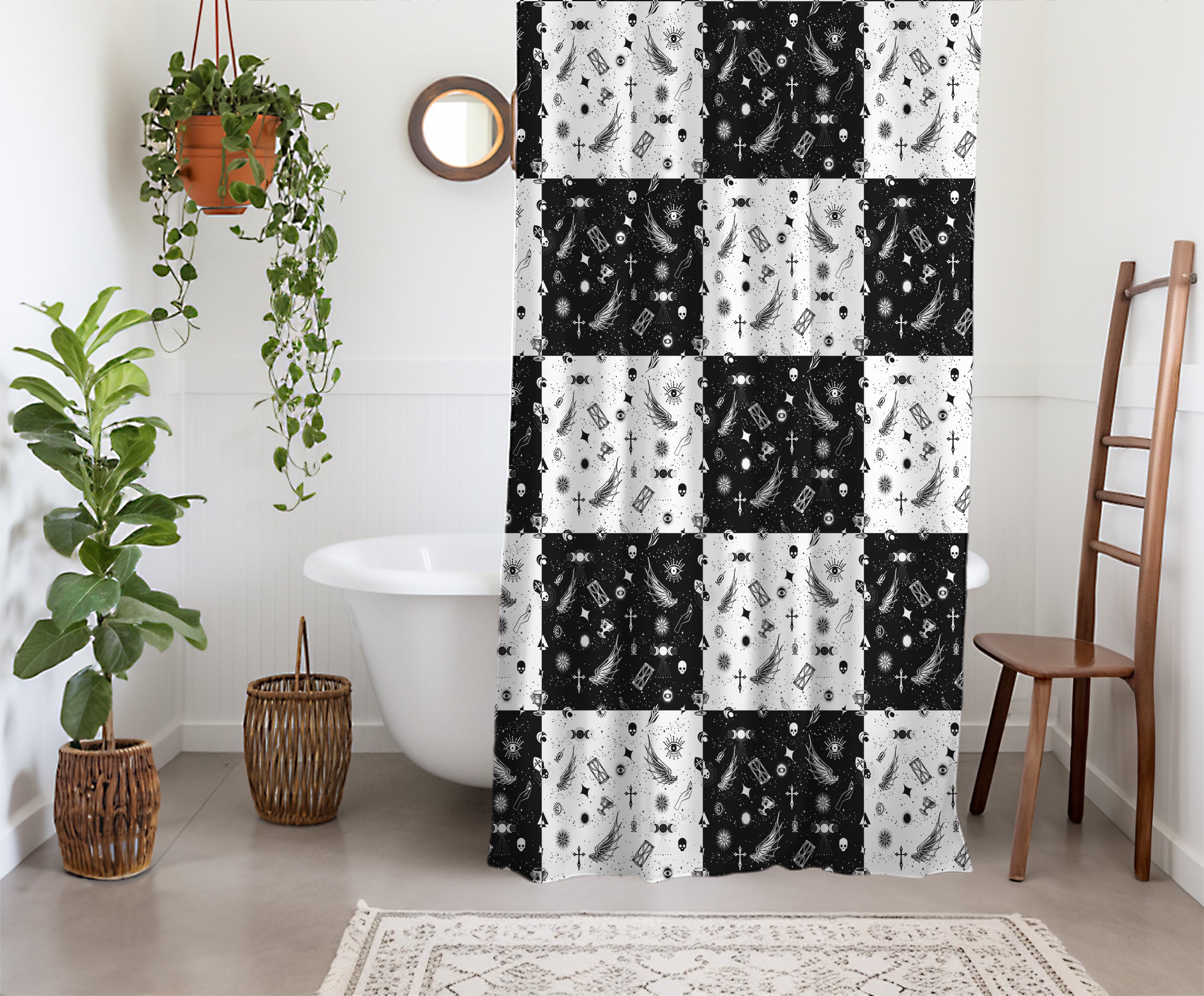 Checkered Shower Curtain: Boho Goth Geometric Black & White Minimalist Vintage Aesthetic, Machine Washable, Lightweight Polyester, Water & Mildew Resistant, Multiple Sizes with Hooks