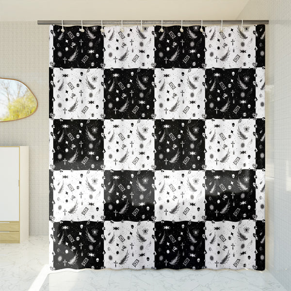 Boho Goth Shower Curtain - A black and white, geometric shower curtain with a gothic motif and boho-inspired design. Made from water-resistant, lightweight polyester fabric. Available in various sizes.