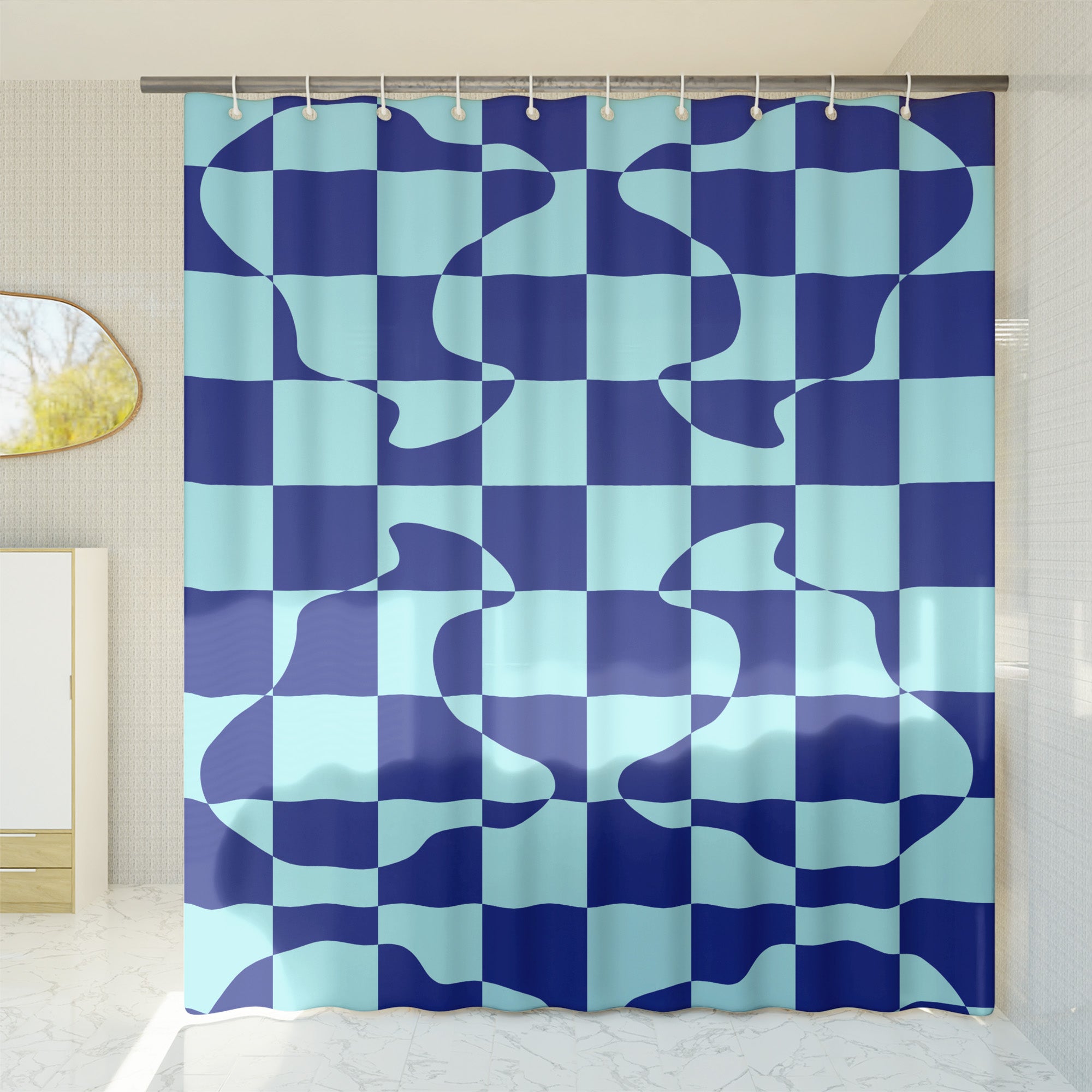 Checkered Shower Curtain: Blue Cyan Abstract Geometric Minimalist Aesthetic, Machine Washable, Lightweight Polyester, Water & Mildew Resistant, Multiple Sizes with Hooks