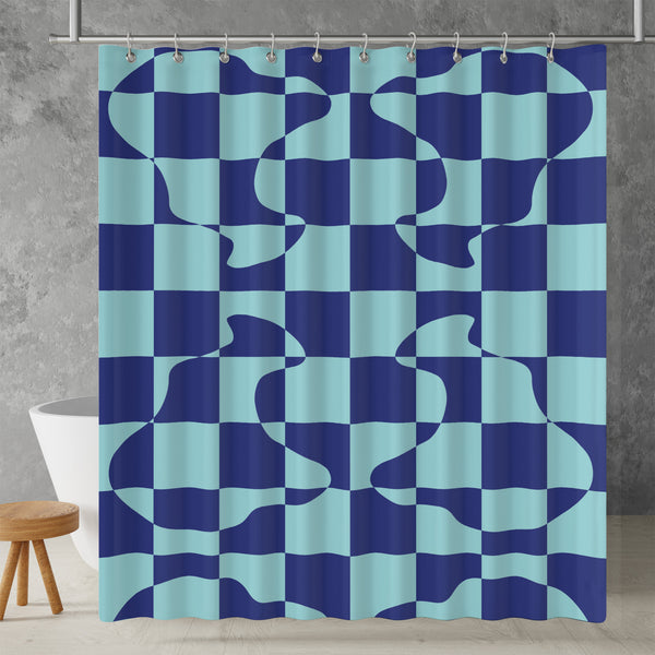 Blue Checkered Shower Curtain - A blue and cyan, geometric bright colorful boho-inspired design. Made from water-resistant, lightweight polyester fabric. Available in various sizes.