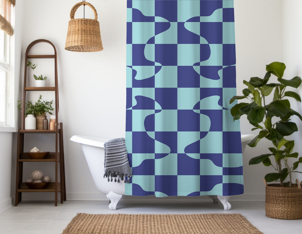 Checkered Shower Curtain: Blue Cyan Abstract Geometric Minimalist Aesthetic, Machine Washable, Lightweight Polyester, Water & Mildew Resistant, Multiple Sizes with Hooks