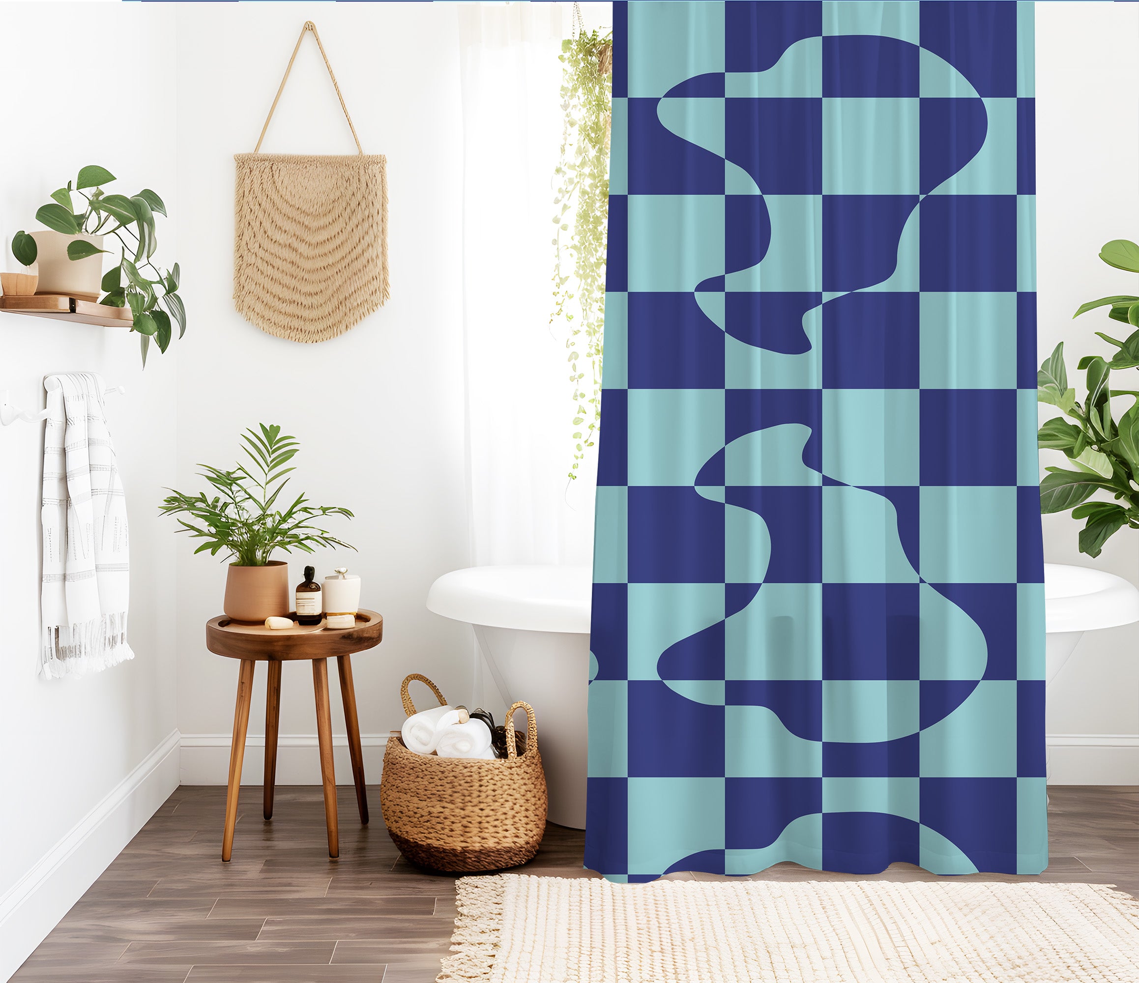 Checkered Shower Curtain: Blue Cyan Abstract Geometric Minimalist Aesthetic, Machine Washable, Lightweight Polyester, Water & Mildew Resistant, Multiple Sizes with Hooks