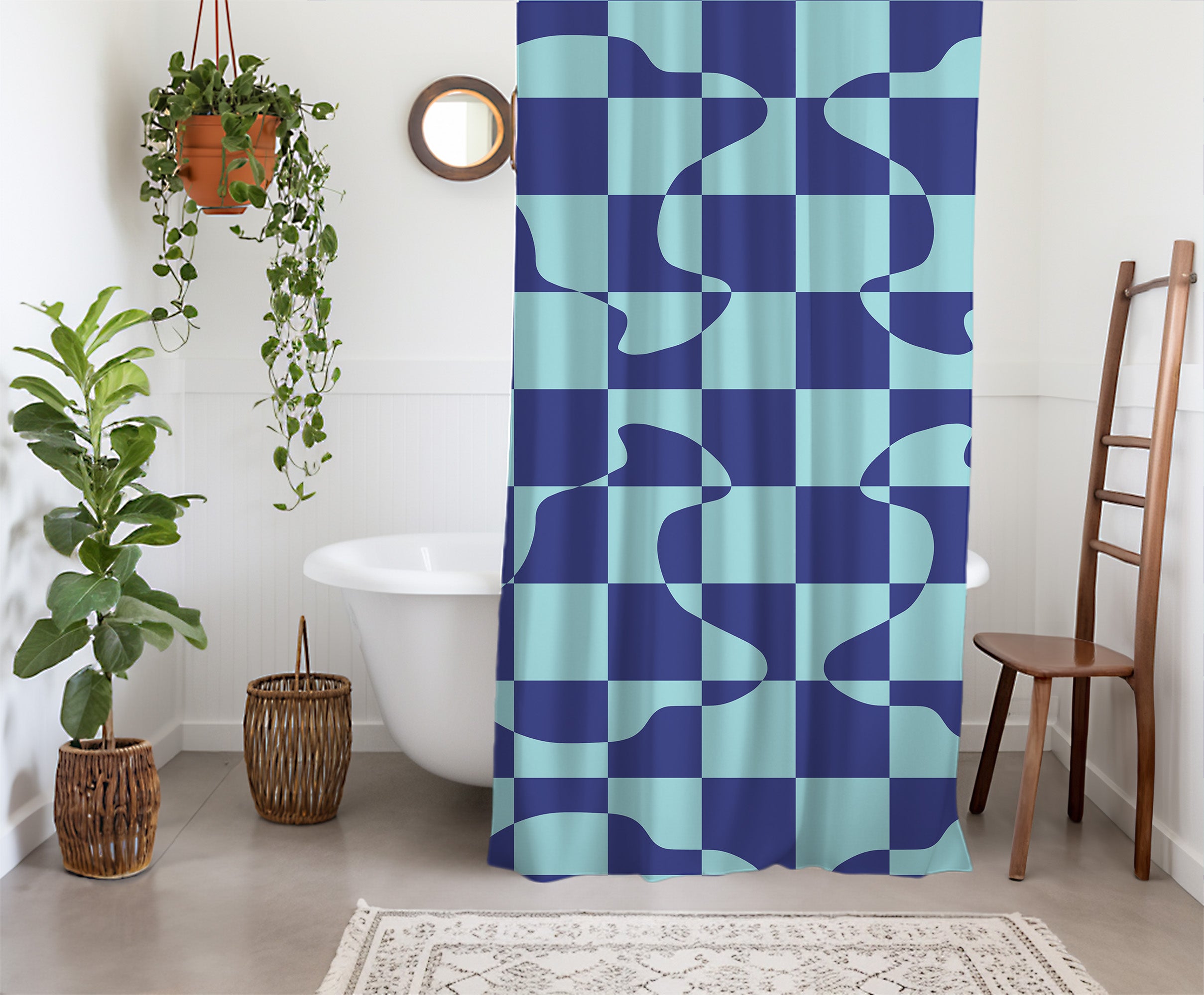 Checkered Shower Curtain: Blue Cyan Abstract Geometric Minimalist Aesthetic, Machine Washable, Lightweight Polyester, Water & Mildew Resistant, Multiple Sizes with Hooks