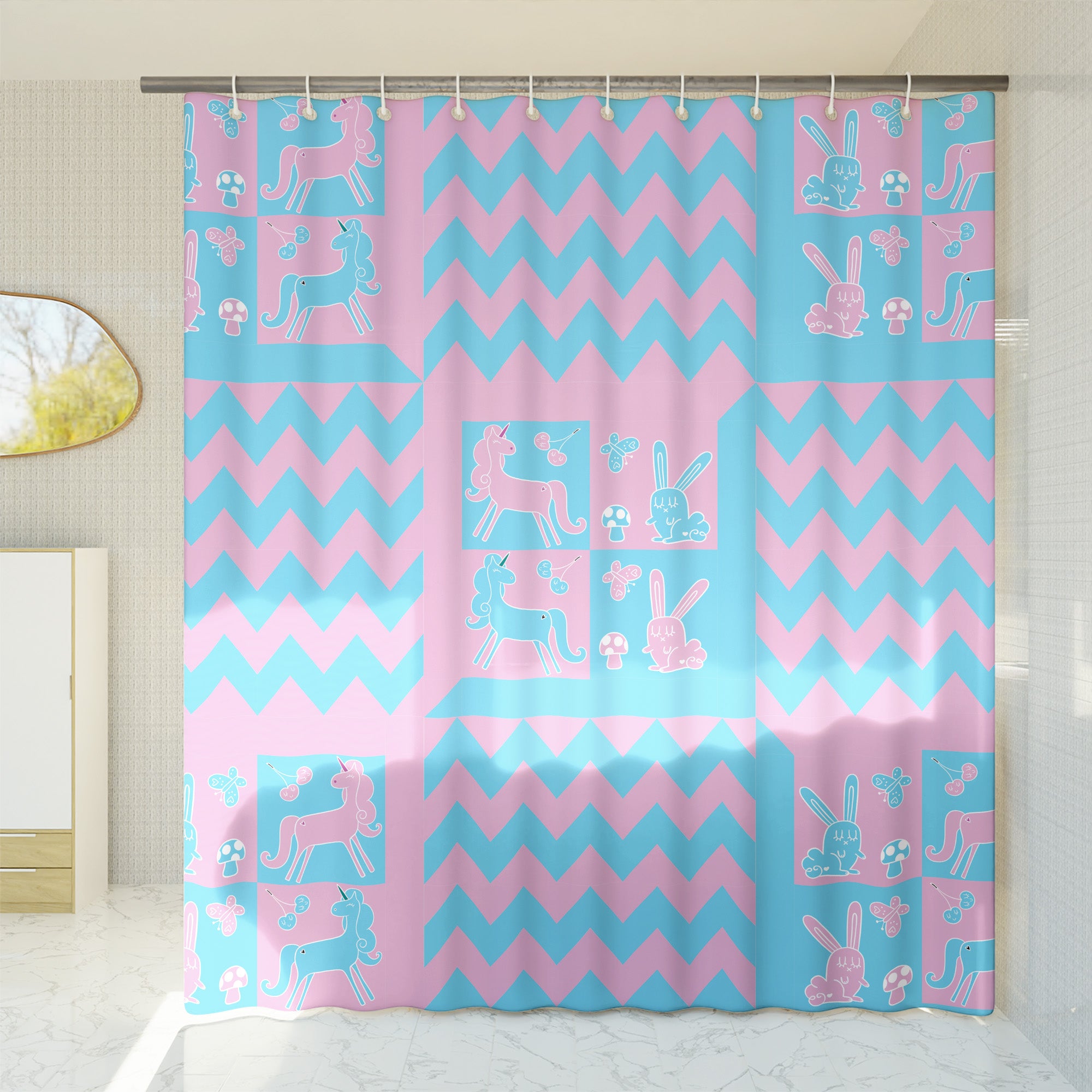 Checkered Blue Pink Shower curtain. Unicorn Rabbit Neon Punk, Vibrant Geometric Colorful Kids bathroom, Machine Washable, Polyester, Water and Mildew Resistant, Multiple sizes with Hooks