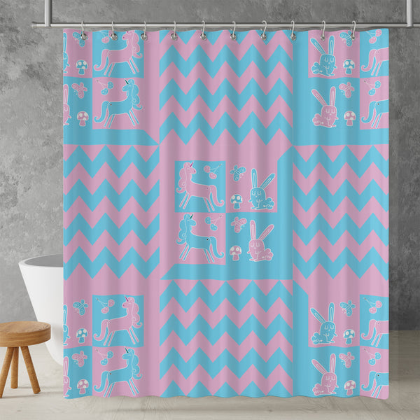 Checkered Shower Curtain - A blue and pink, geometric bright colorful unicorn and rabbits design. Made from water-resistant, lightweight polyester fabric. Available in various sizes.